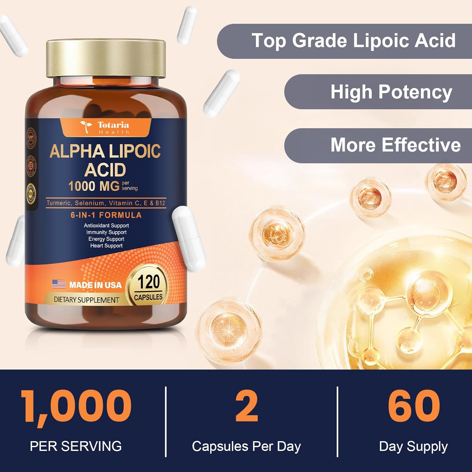 1000mg ALA Supplement Capsules for Neuropathy Support and Anti-Aging - Totaria Alpha Lipoic Acid for Overall Health