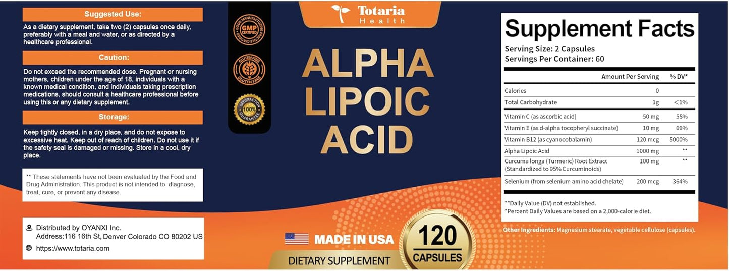 1000mg Alpha Lipoic Acid Capsules for Neuropathy Support & Antioxidant Boost - Vegan & Gluten Free Neuropathy Supplement
