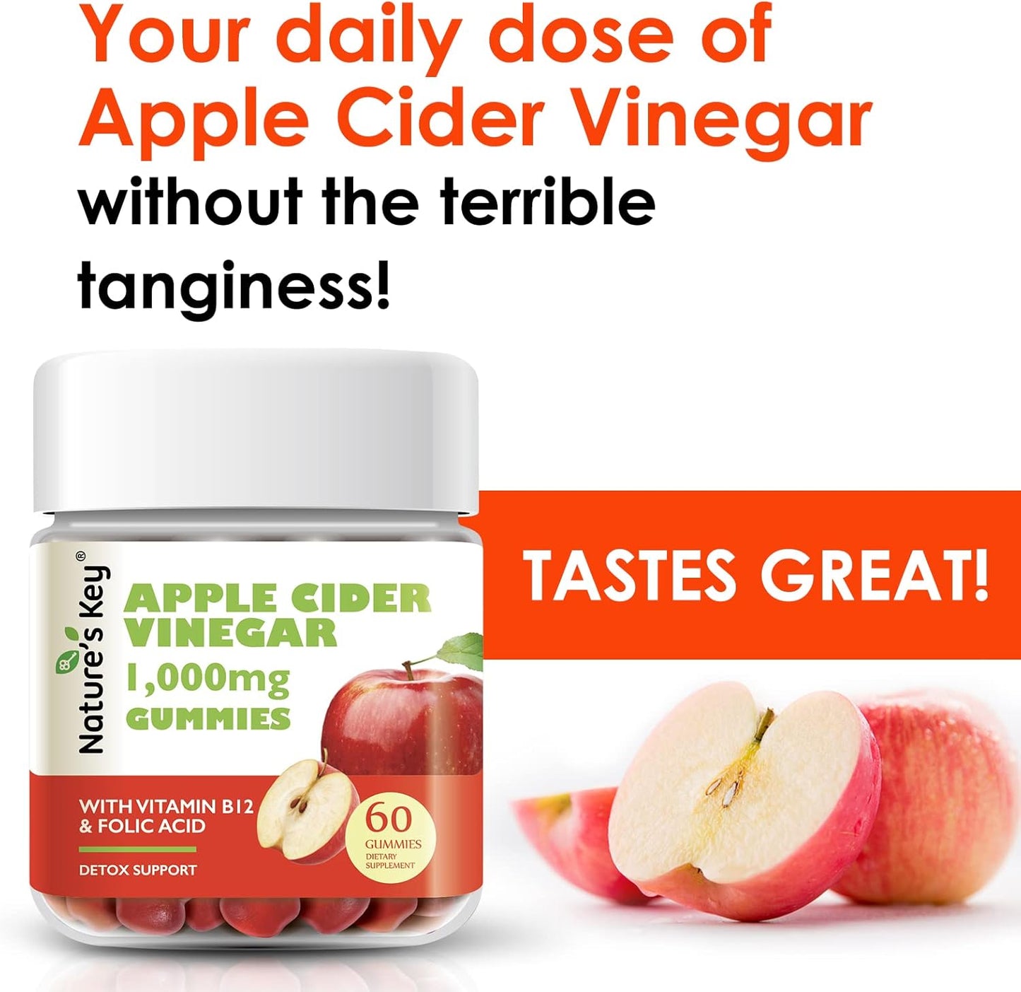 1000mg Apple Cider Vinegar Gummies for Slimming Formula & Detox | 60 Count Vegan Non-GMO Gluten Free Gummy with Folic Acid B6 B12 Beetroot Pomegranate