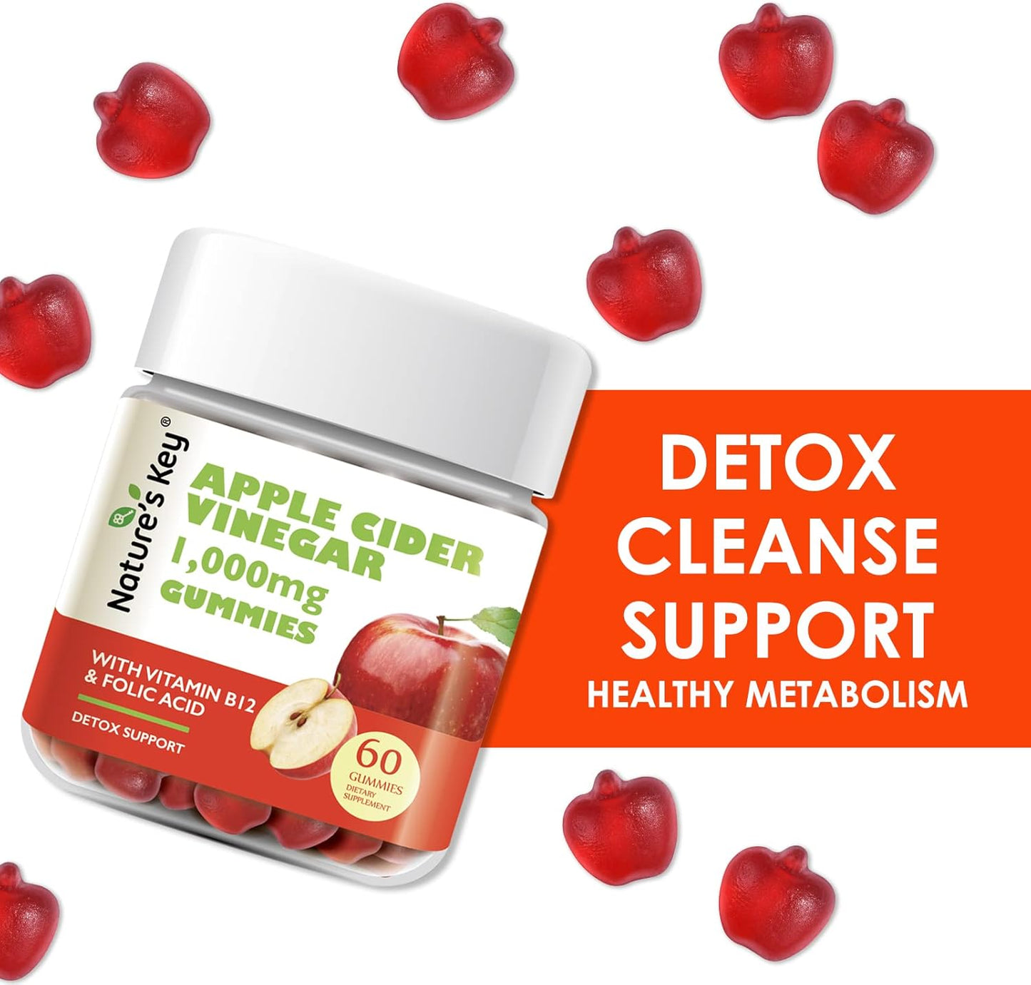 1000mg Apple Cider Vinegar Gummies for Slimming Formula & Detox | 60 Count Vegan Non-GMO Gluten Free Gummy with Folic Acid B6 B12 Beetroot Pomegranate