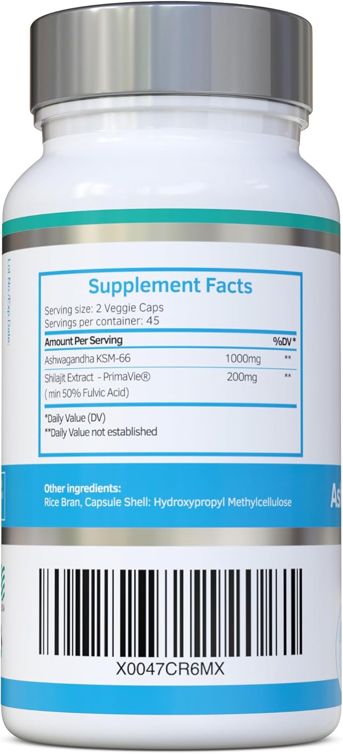 1000mg Ashwagandha KSM-66 & 200mg Shilajit Extract with 50% Fulvic Acid - Vegan Friendly Formula without Fillers or Binders