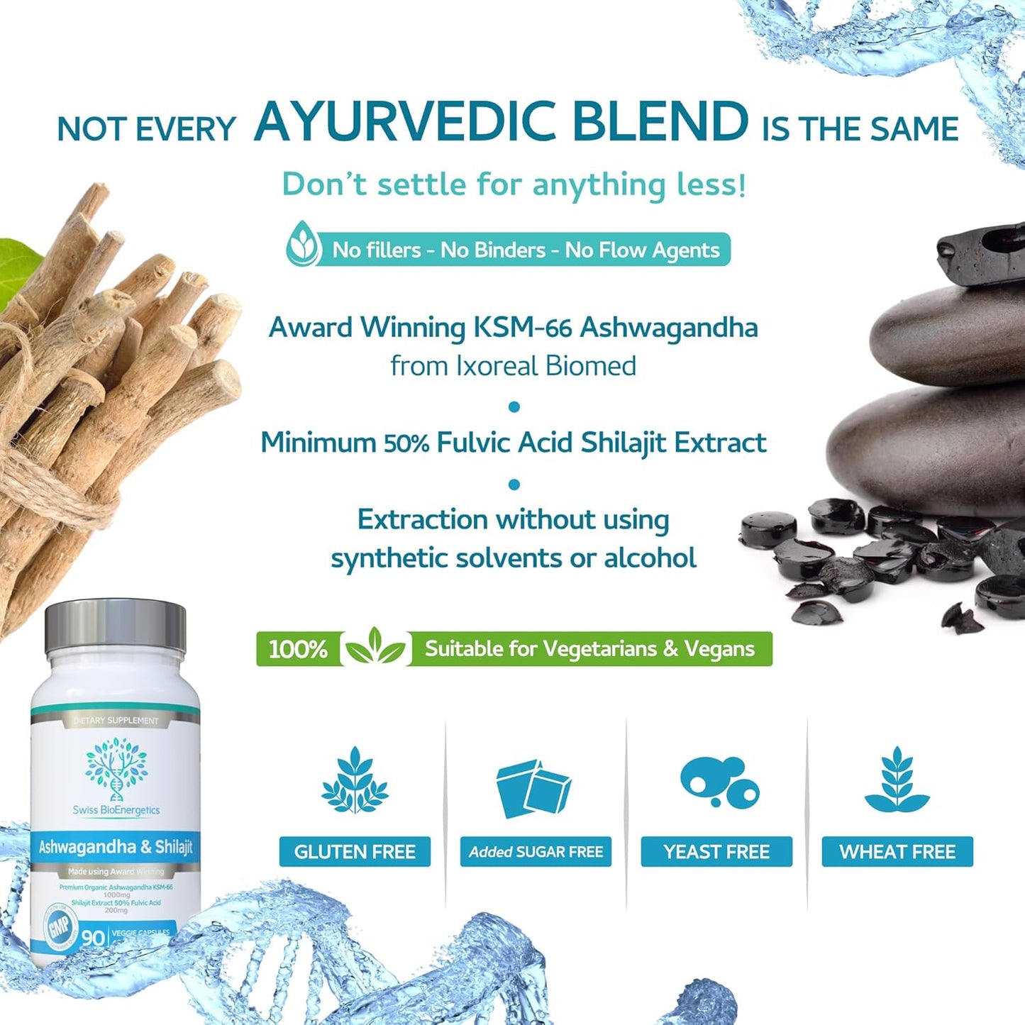 1000mg Ashwagandha KSM-66 & 200mg Shilajit Extract with 50% Fulvic Acid - Vegan Friendly Formula without Fillers or Binders