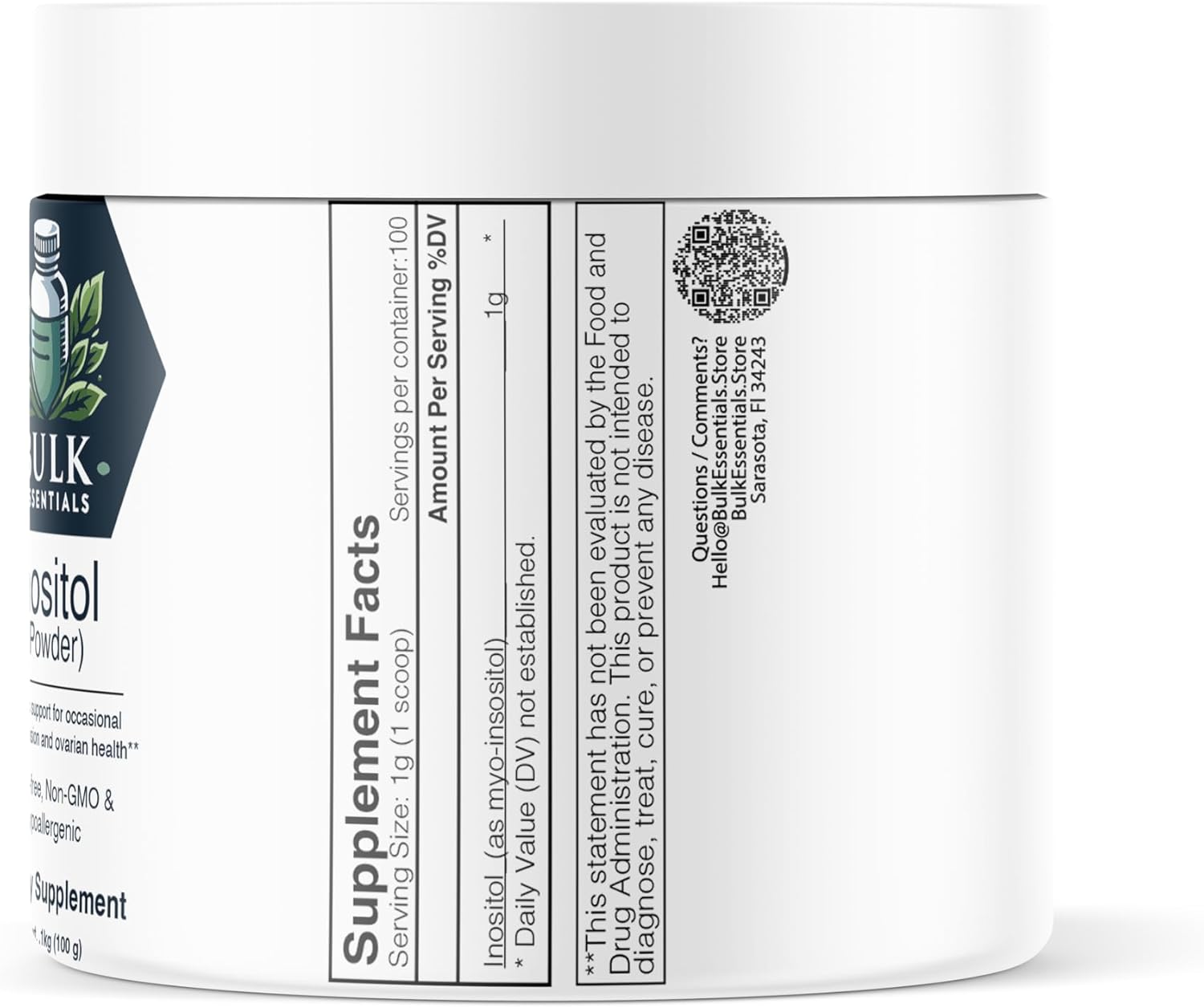 1000mg Bulk Essentials Inositol Powder Supplement - Vitamin B8 Myoinositol - Unflavored Gluten Free - 100g