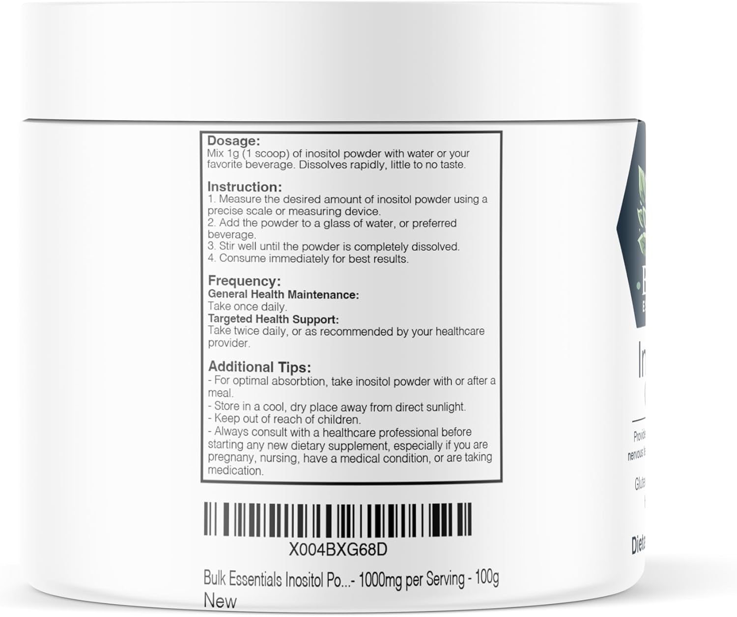 1000mg Bulk Essentials Inositol Powder Supplement - Vitamin B8 Myoinositol - Unflavored Gluten Free - 100g