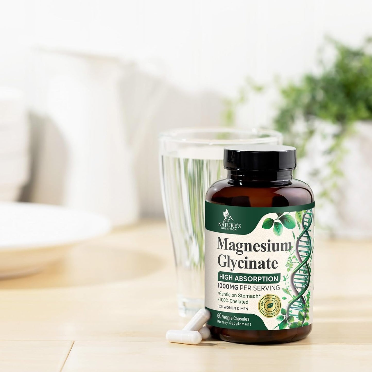 1000mg Chelated Magnesium Glycinate Supplement for Heart, Nerves, Bone, and Muscle Support - High Absorption for Men and Women - Vegan, Non-GMO - 60 Capsules