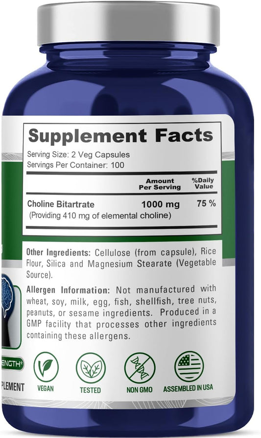 1000mg Choline Bitartrate 200 Veg Caps - Non-GMO & Vegetarian Formula by NusaPure