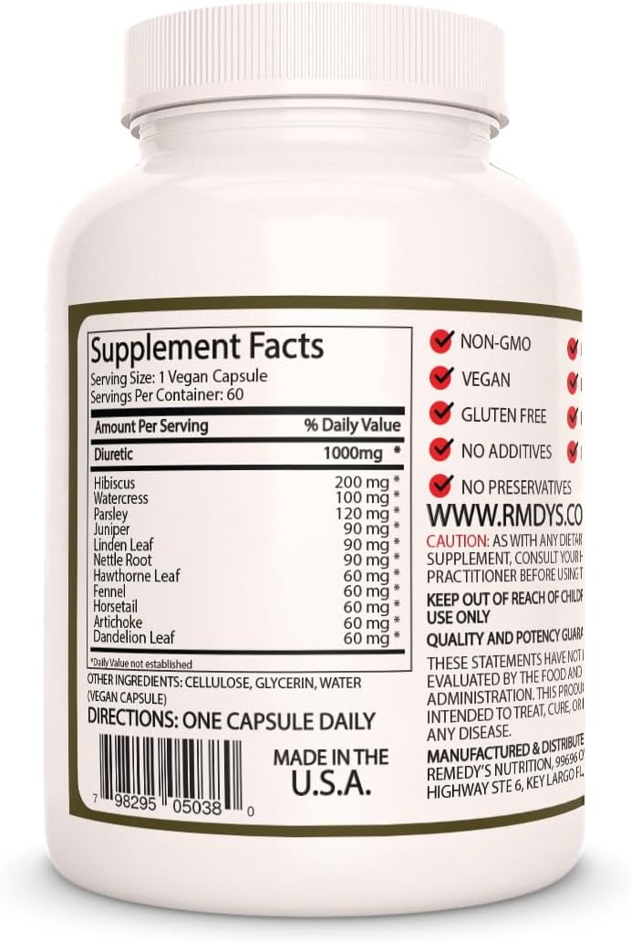 1000mg Diuretic Herbal Dietary Supplement Capsules | 60 Vegan Capsules | Non-GMO, Gluten Free, Dairy Free | Remedy's Nutrition
