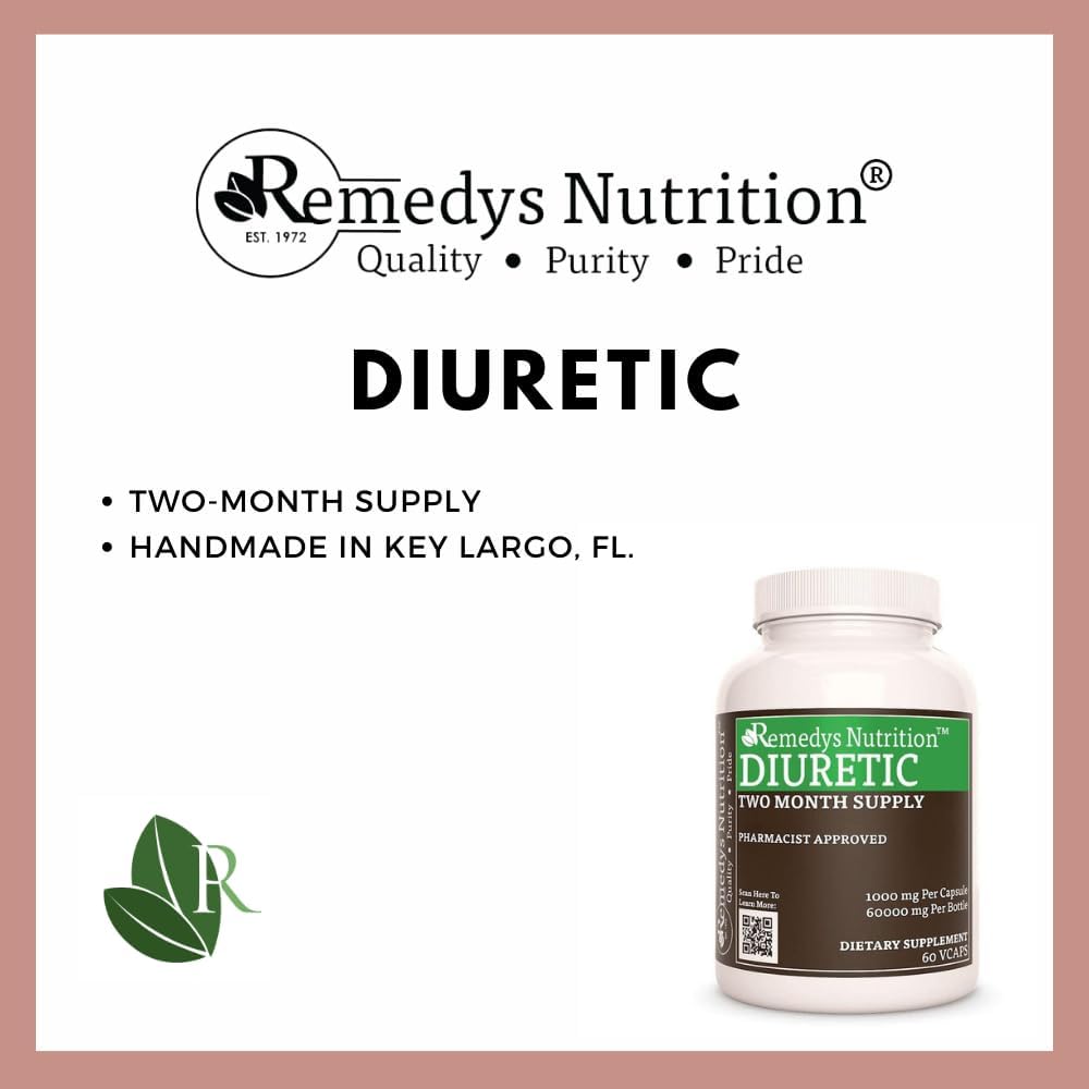 1000mg Diuretic Herbal Dietary Supplement Capsules | 60 Vegan Capsules | Non-GMO, Gluten Free, Dairy Free | Remedy's Nutrition