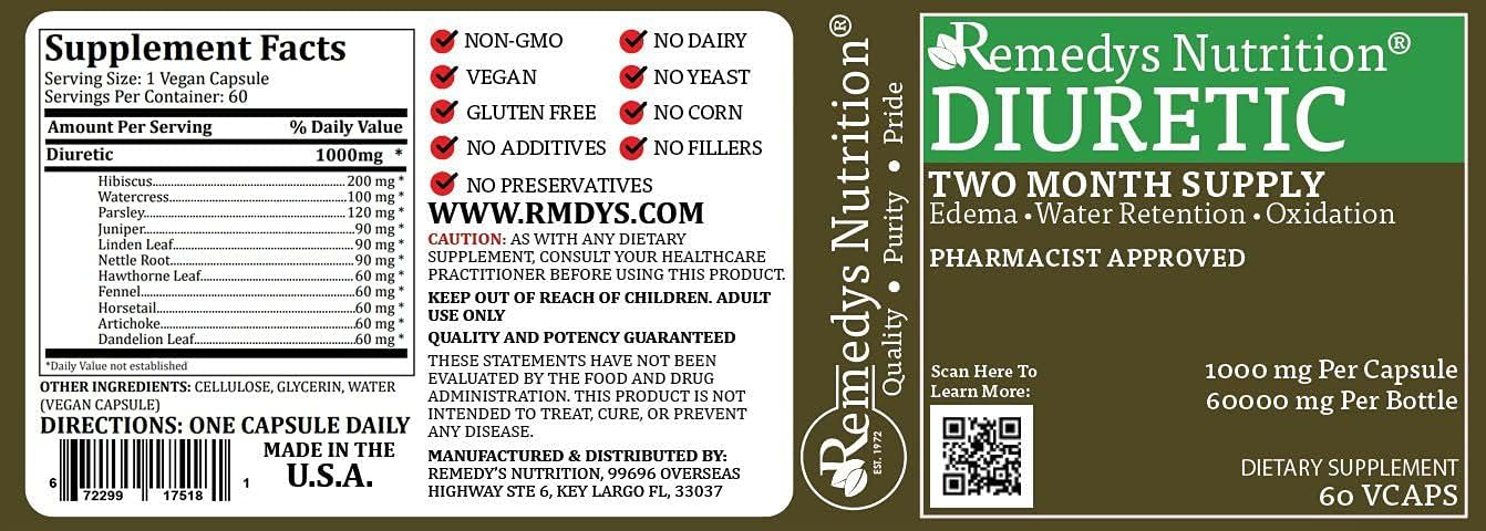 1000mg Diuretic Herbal Dietary Supplement Capsules | 60 Vegan Capsules | Non-GMO, Gluten Free, Dairy Free | Remedy's Nutrition