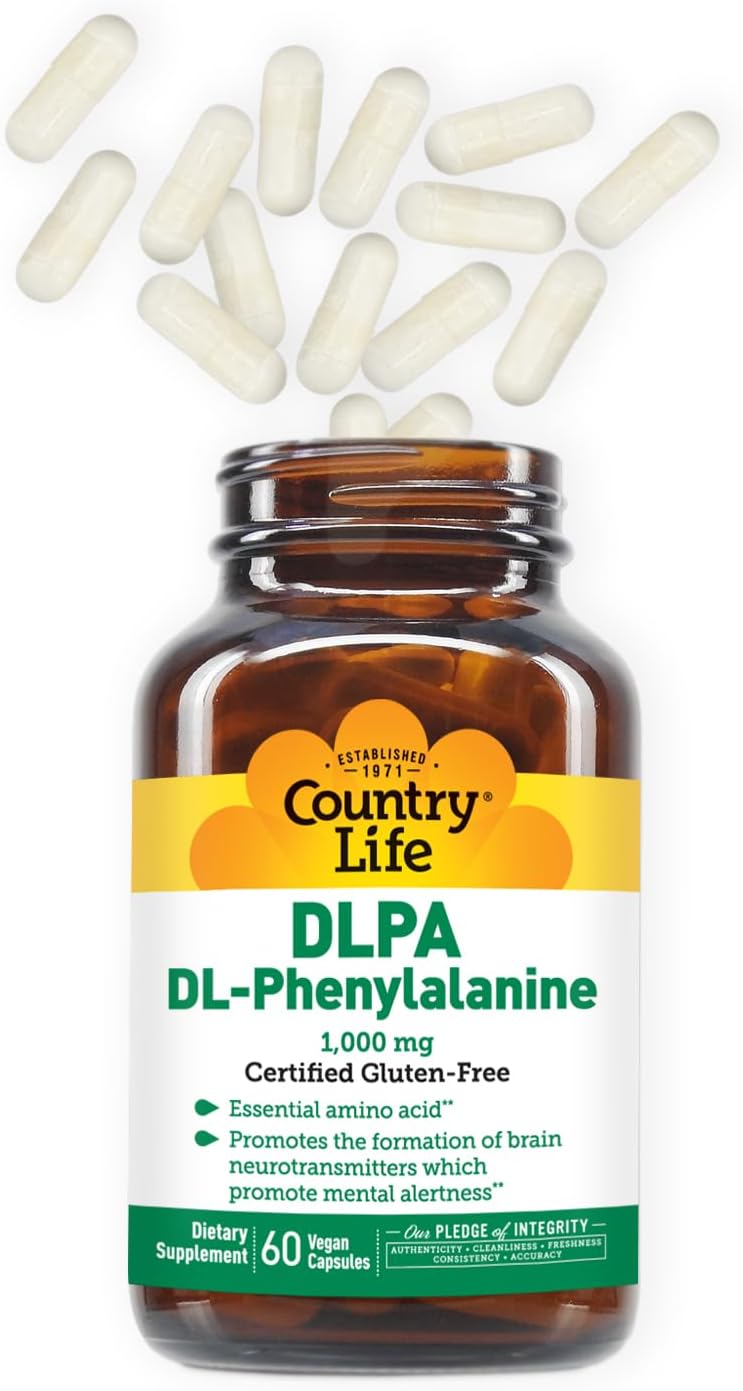 1000mg DL-Phenylalanine (DLPA) Supplement for Mood & Neurotransmitter Health - Vegan & Gluten-Free - 60 Capsules by Country Life