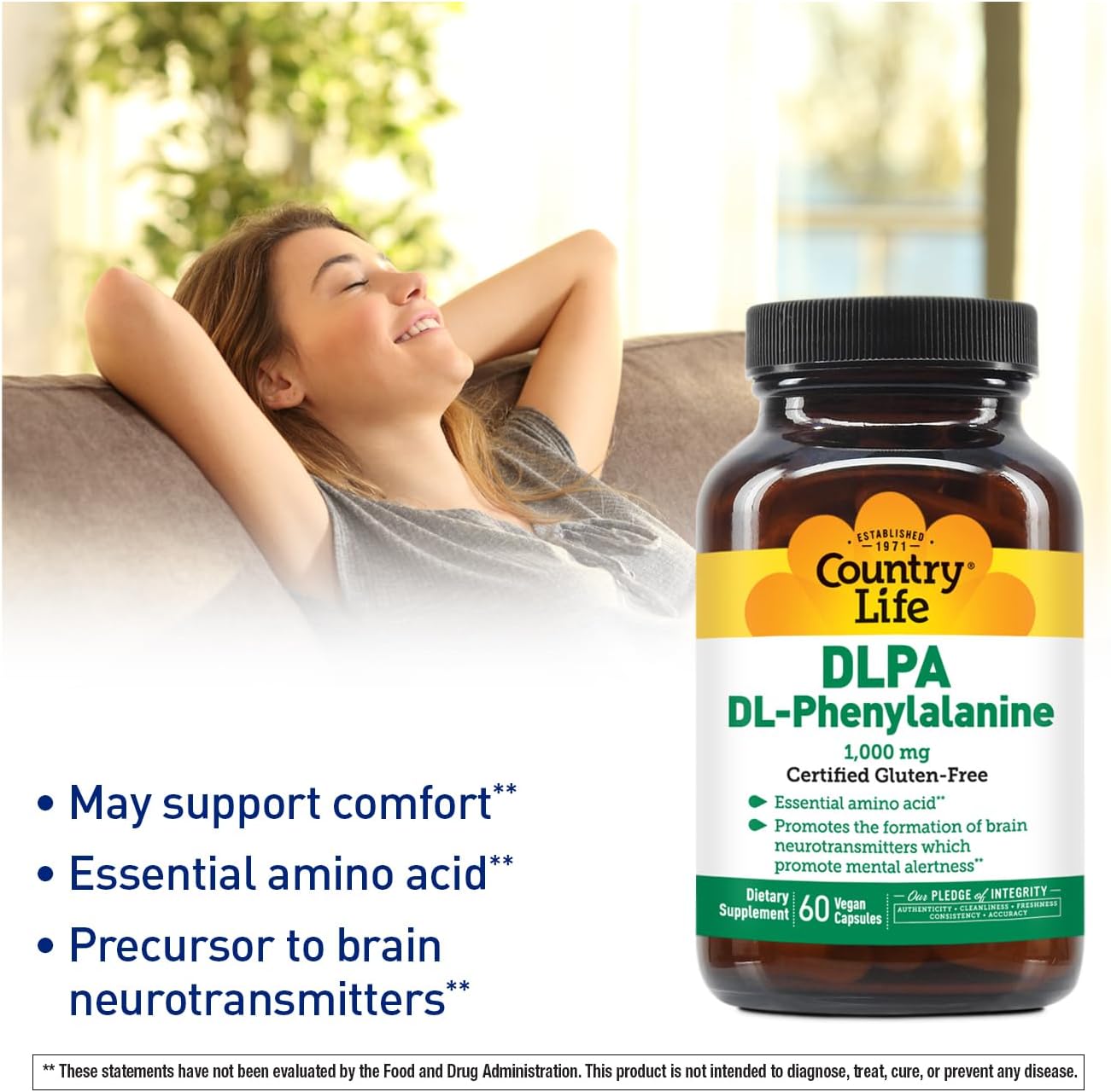 1000mg DL-Phenylalanine (DLPA) Supplement for Mood & Neurotransmitter Health - Vegan & Gluten-Free - 60 Capsules by Country Life