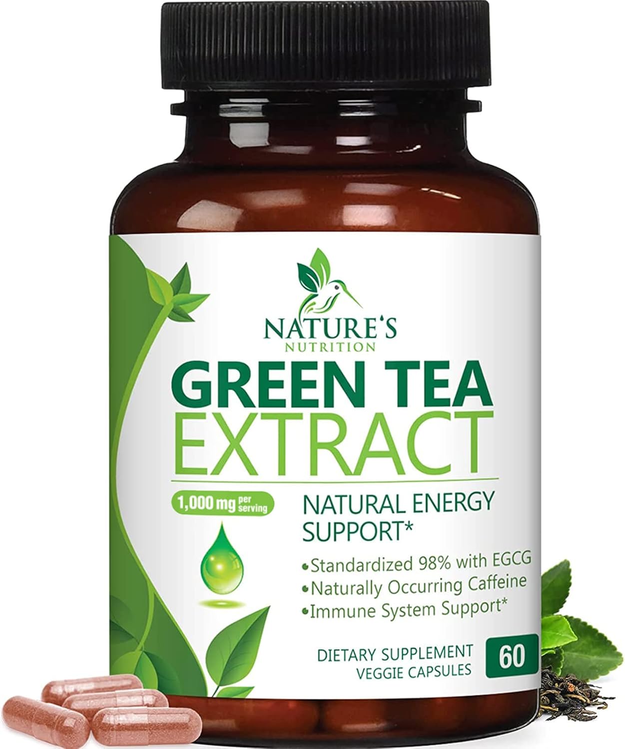 1000mg Green Tea Extract Capsules - 98% EGCG - Natural Energy Boost - Heart Health Support - Polyphenols - Gentle Caffeine - 60 Capsules