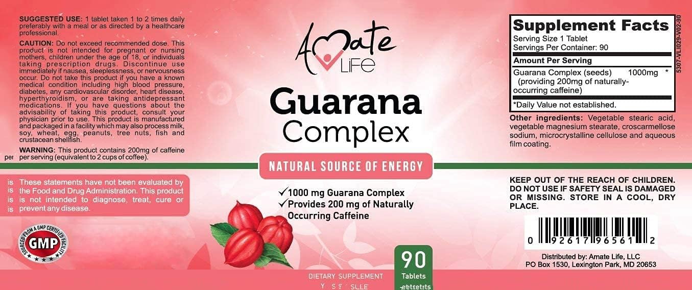 1000mg Guarana Complex Energizer Supplement for Energy & Mind Functions - 90 Tablets