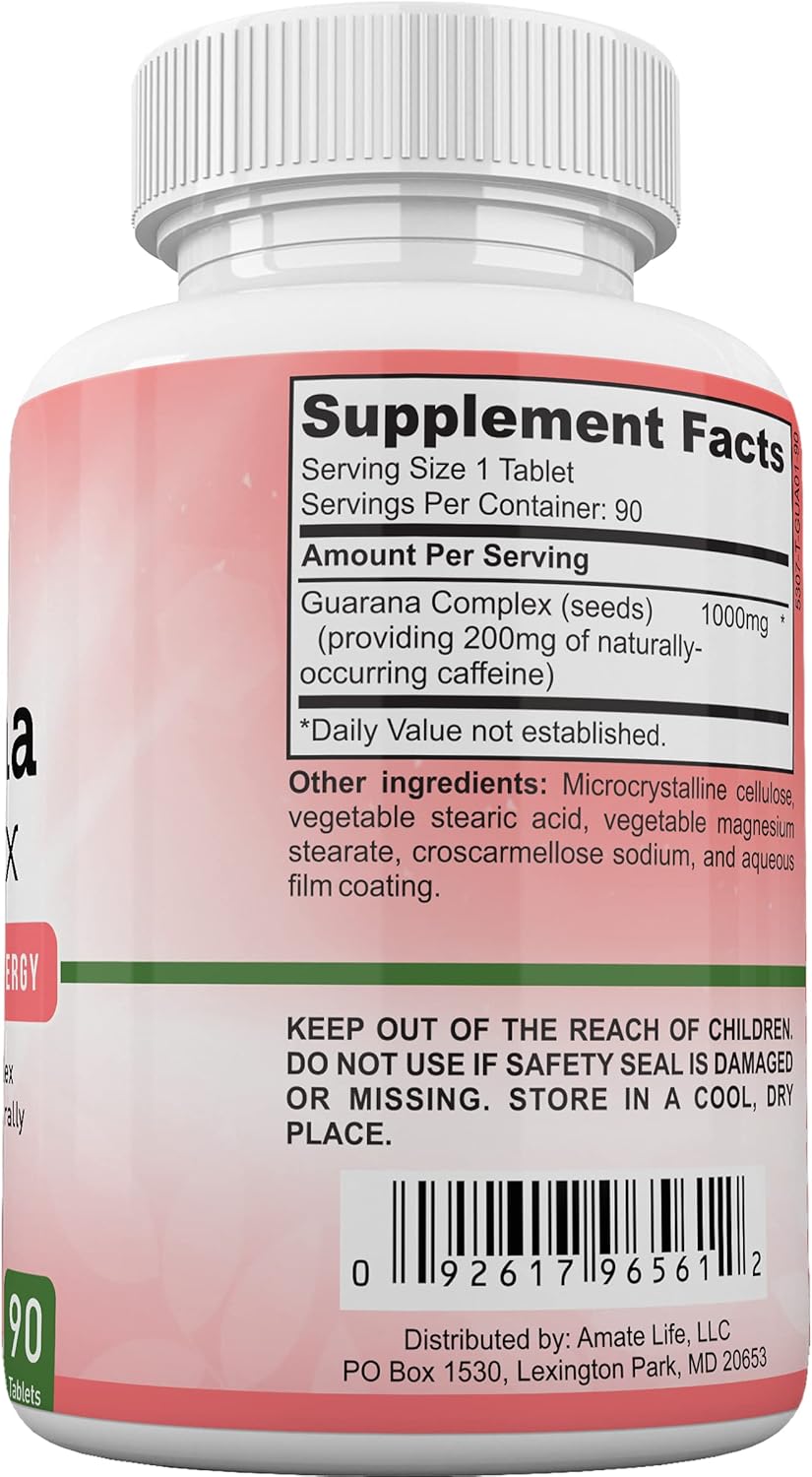 1000mg Guarana Complex Energizer Supplement for Energy & Mind Functions - 90 Tablets