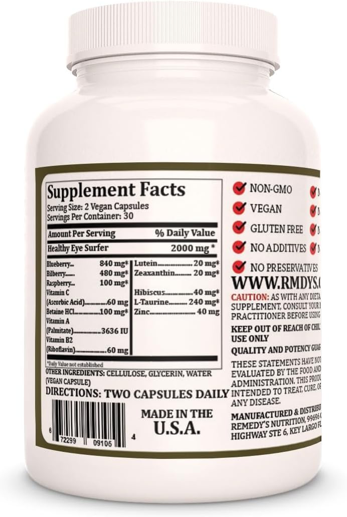 1,000mg Herbal Dietary Supplement for Healthy Eyes | 60 Vegan Capsules | Non-GMO, No Fillers or Preservatives | Two Month Supply