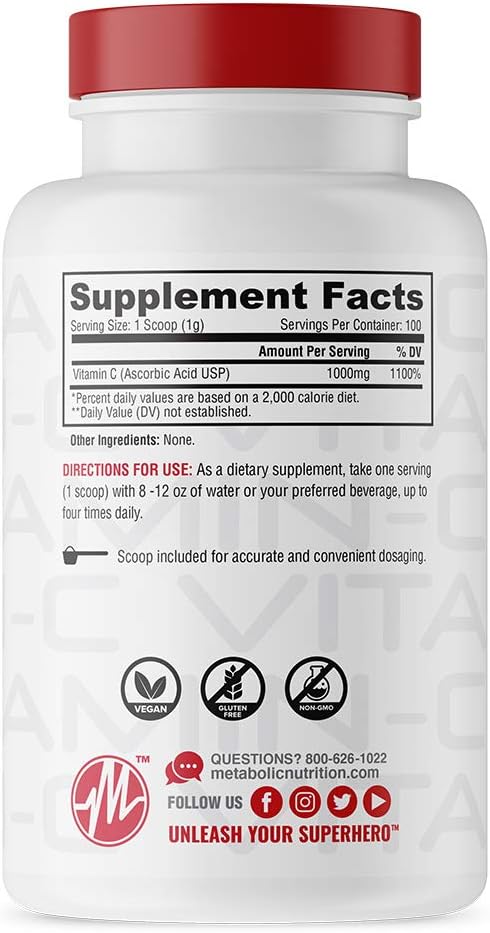 1000mg High Absorption Vitamin C Supplement - Pure Pharma Grade Ascorbic Acid - 100g