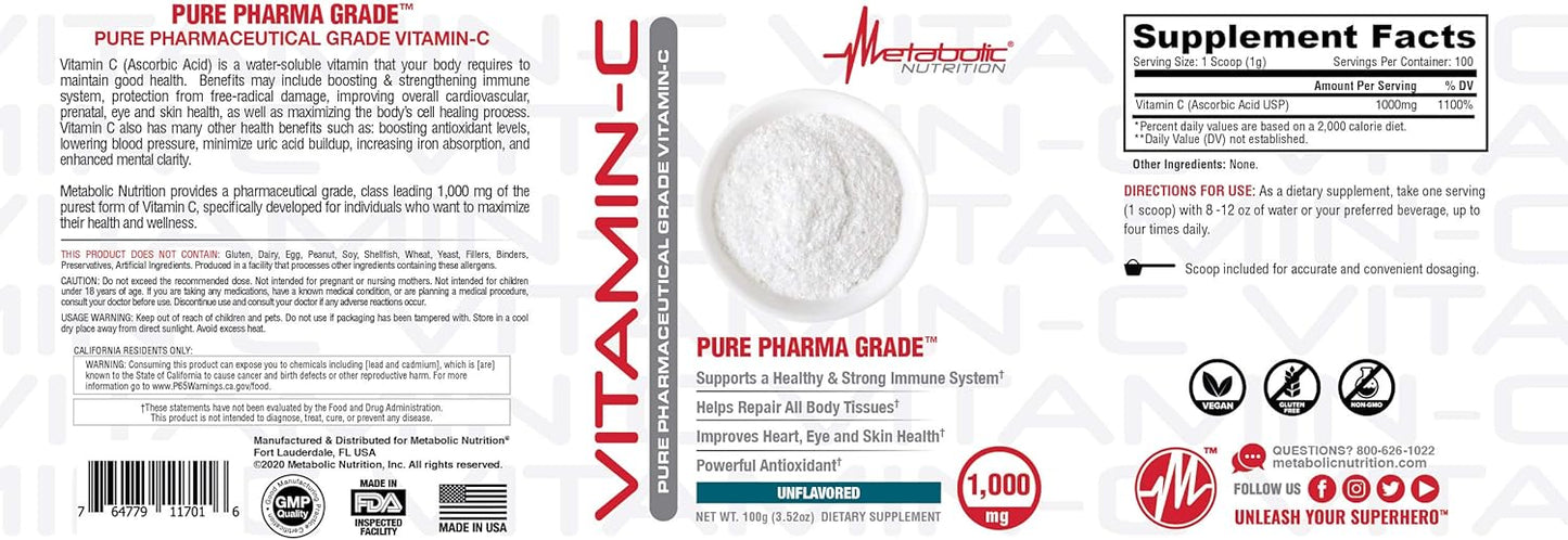 1000mg High Absorption Vitamin C Supplement - Pure Pharma Grade Ascorbic Acid - 100g