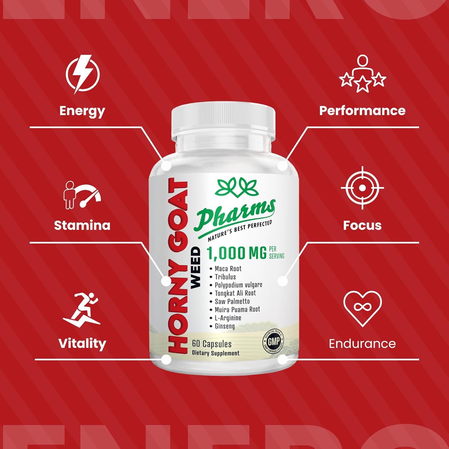 1,000mg Horny Goat Weed Energy Supplement with Maca, Tribulus, Tongkat Ali - Non-GMO Performance Pills - 60 Capsules - BoostGo Australia