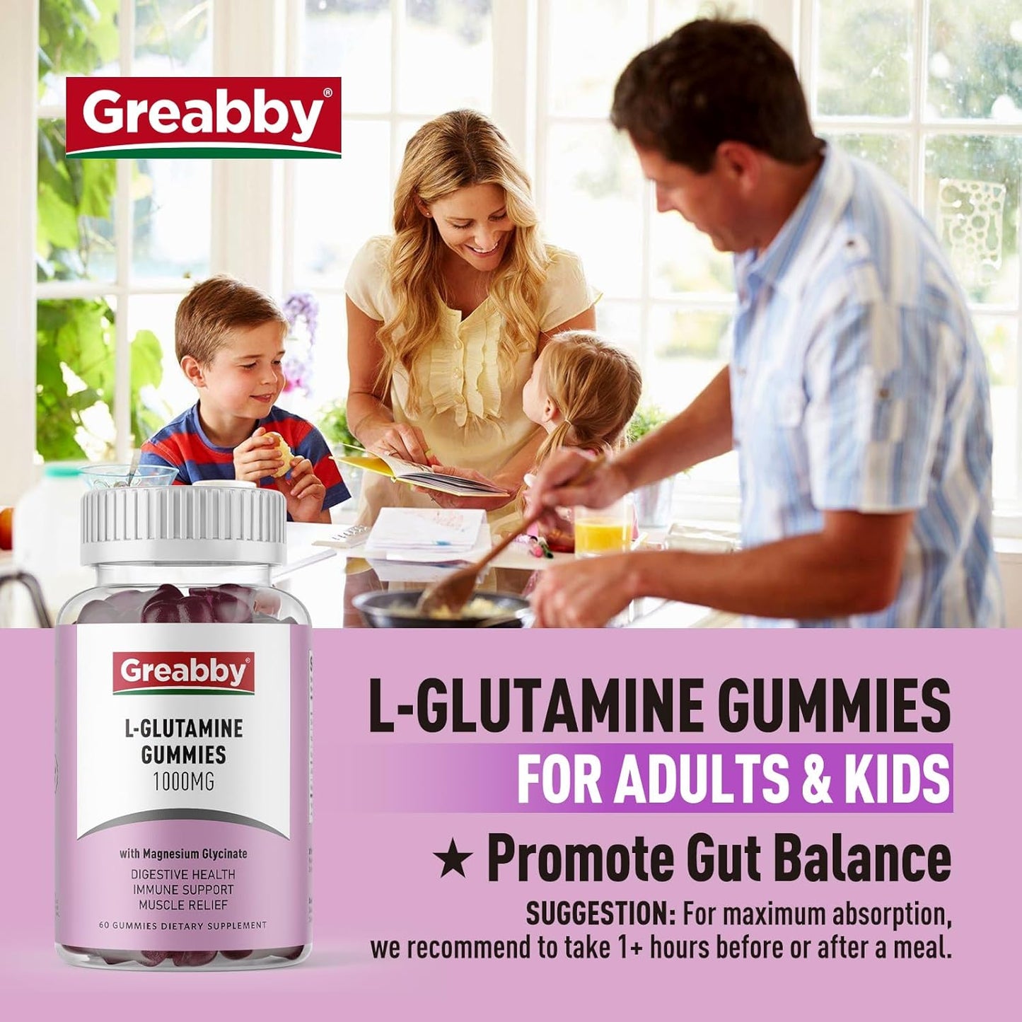 1000mg L Glutamine Gummies for Muscle Relief & Immune Support - Vegan Amino Acid Supplement with Magnesium Glycinate - Non-GMO & Gluten Free - 60 Count
