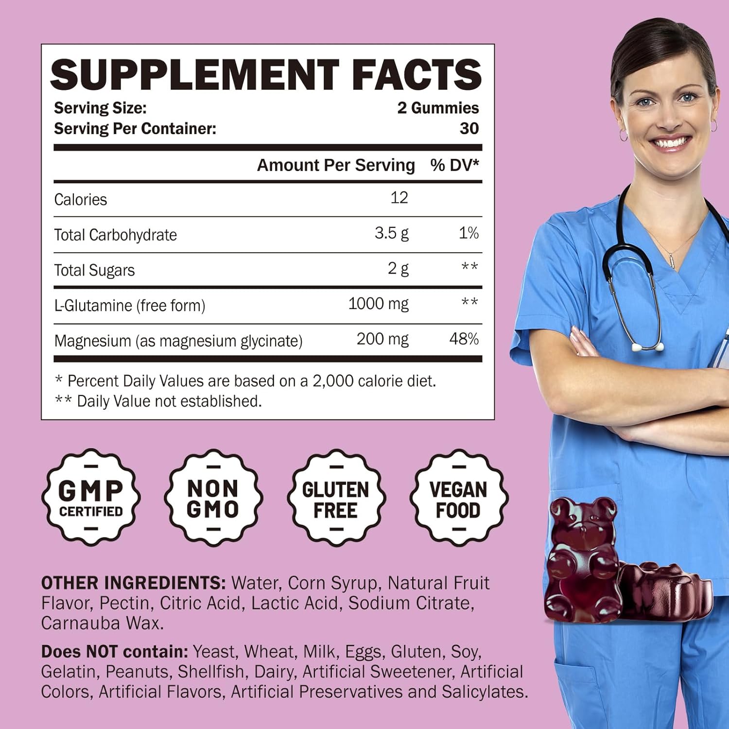 1000mg L Glutamine Gummies for Muscle Relief & Immune Support - Vegan Amino Acid Supplement with Magnesium Glycinate - Non-GMO & Gluten Free - 60 Count