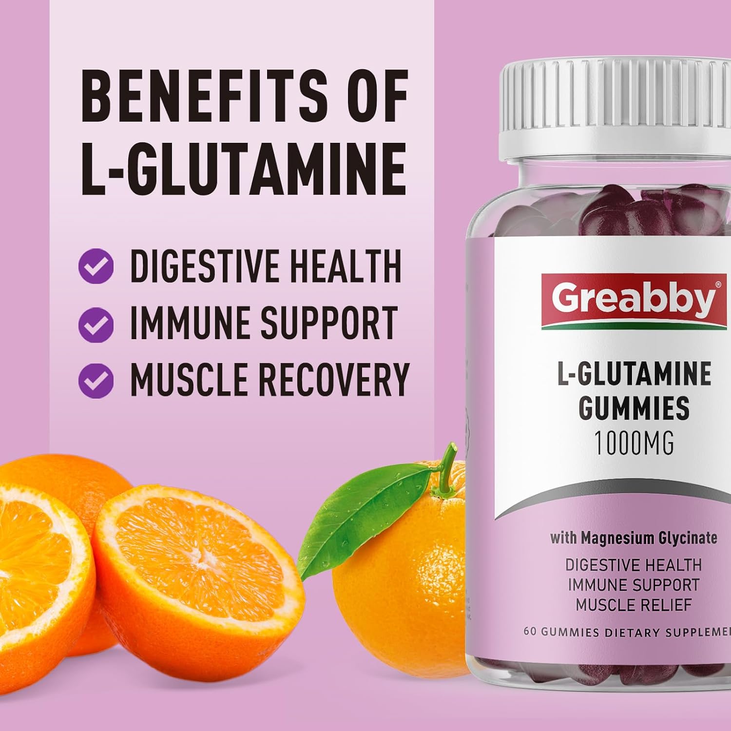 1000mg L Glutamine Gummies for Muscle Relief & Immune Support - Vegan Amino Acid Supplement with Magnesium Glycinate - Non-GMO & Gluten Free - 60 Count