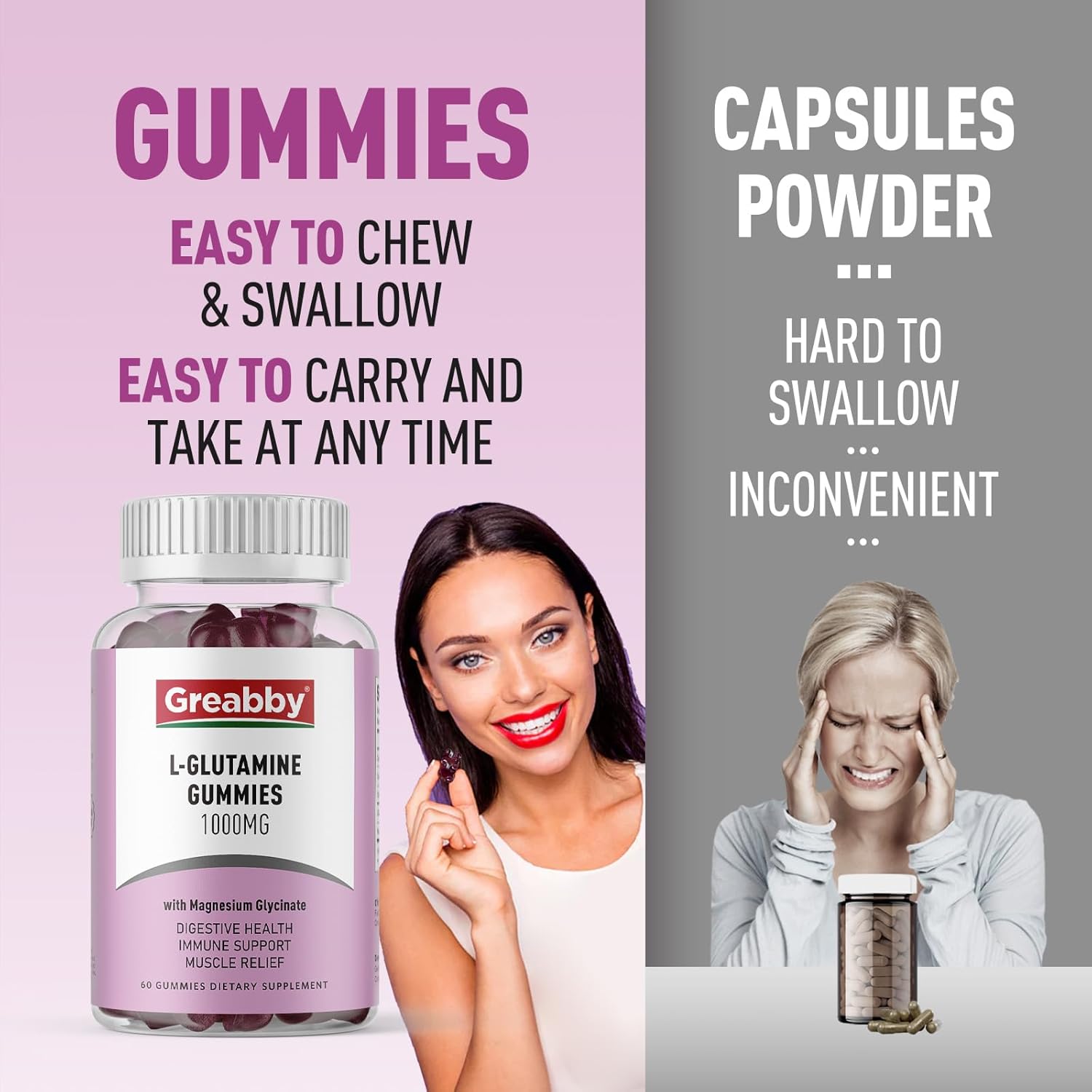 1000mg L Glutamine Gummies for Muscle Relief & Immune Support - Vegan Amino Acid Supplement with Magnesium Glycinate - Non-GMO & Gluten Free - 60 Count