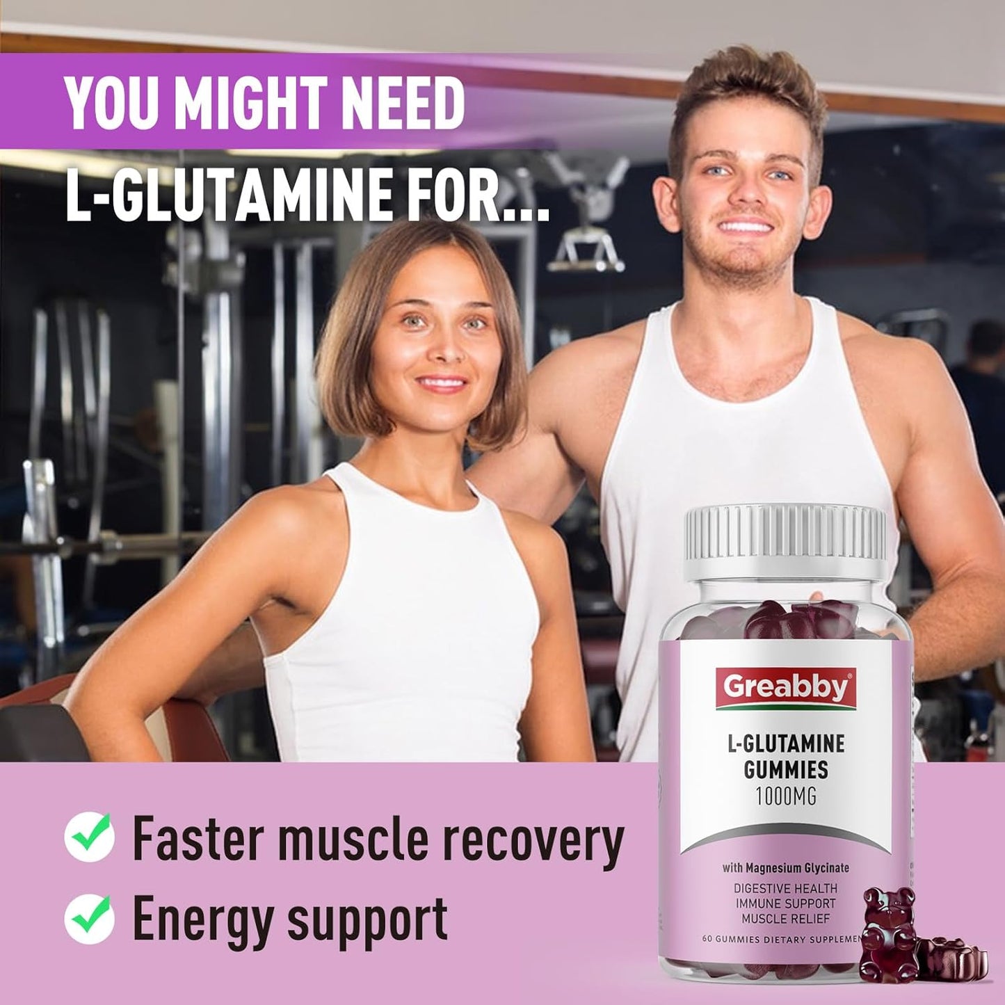 1000mg L Glutamine Gummies for Muscle Relief & Immune Support - Vegan Amino Acid Supplement with Magnesium Glycinate - Non-GMO & Gluten Free - 60 Count