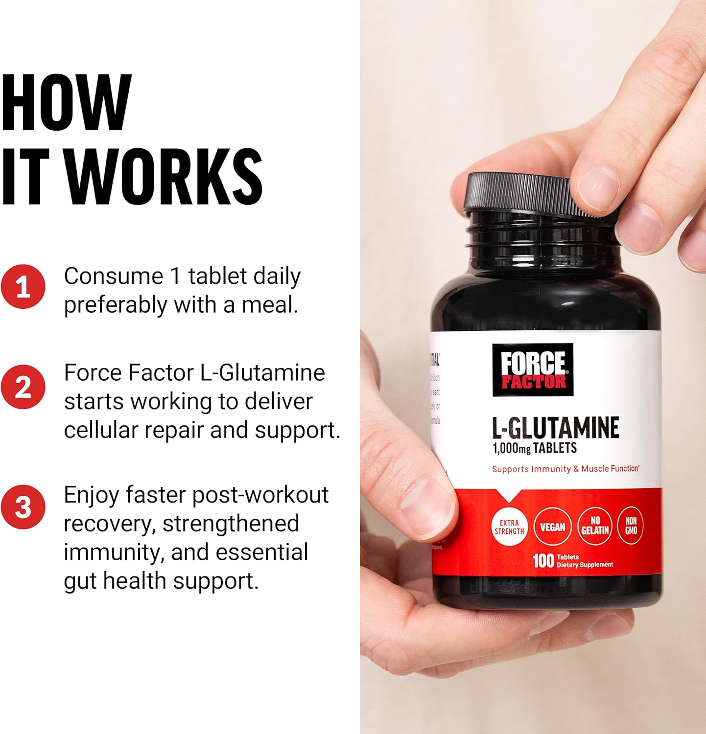 1000mg L-Glutamine Tablets for Muscle Recovery, Healthy Function & Immunity - Vegan, Non-GMO (100 Tablets)