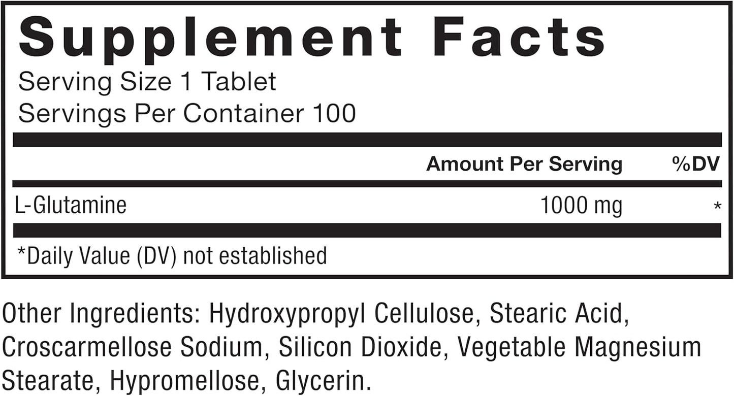 1000mg L-Glutamine Tablets for Muscle Recovery, Healthy Function & Immunity - Vegan, Non-GMO (100 Tablets)