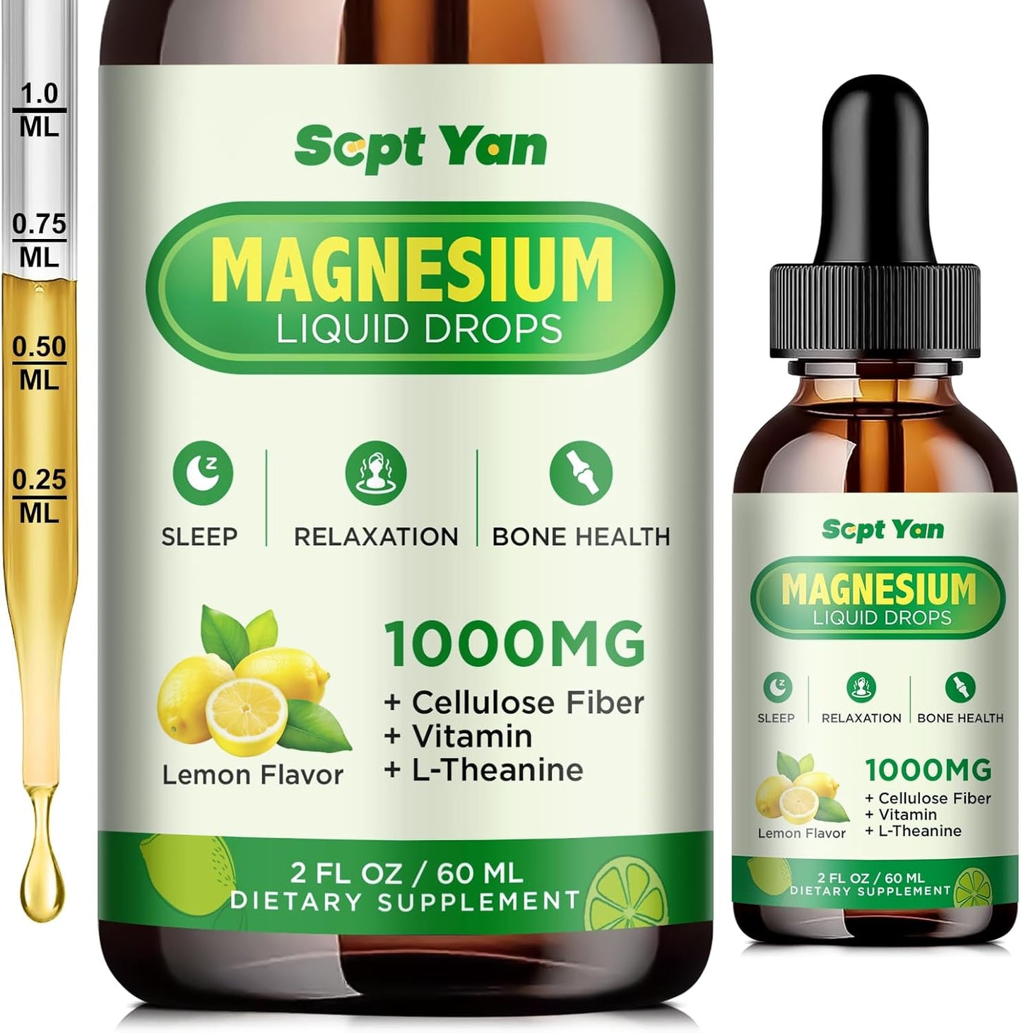 1000mg Magnesium Glycinate Liquid Drops with Fiber, L-Theanine, Vitamin B & C - Lemon Flavor for Sleep, Muscle, Energy & Relaxation