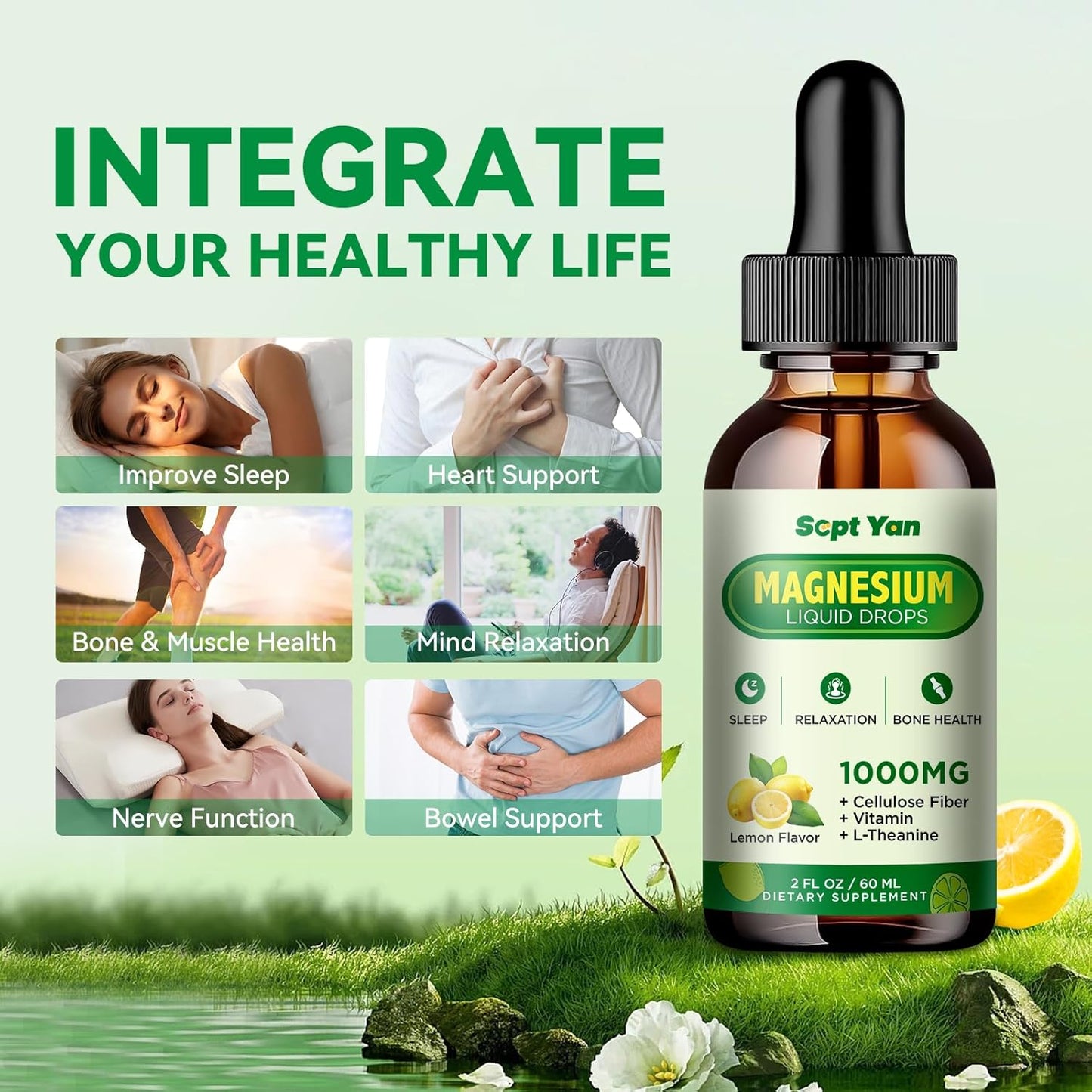 1000mg Magnesium Glycinate Liquid Drops with Fiber, L-Theanine, Vitamin B & C - Lemon Flavor for Sleep, Muscle, Energy & Relaxation