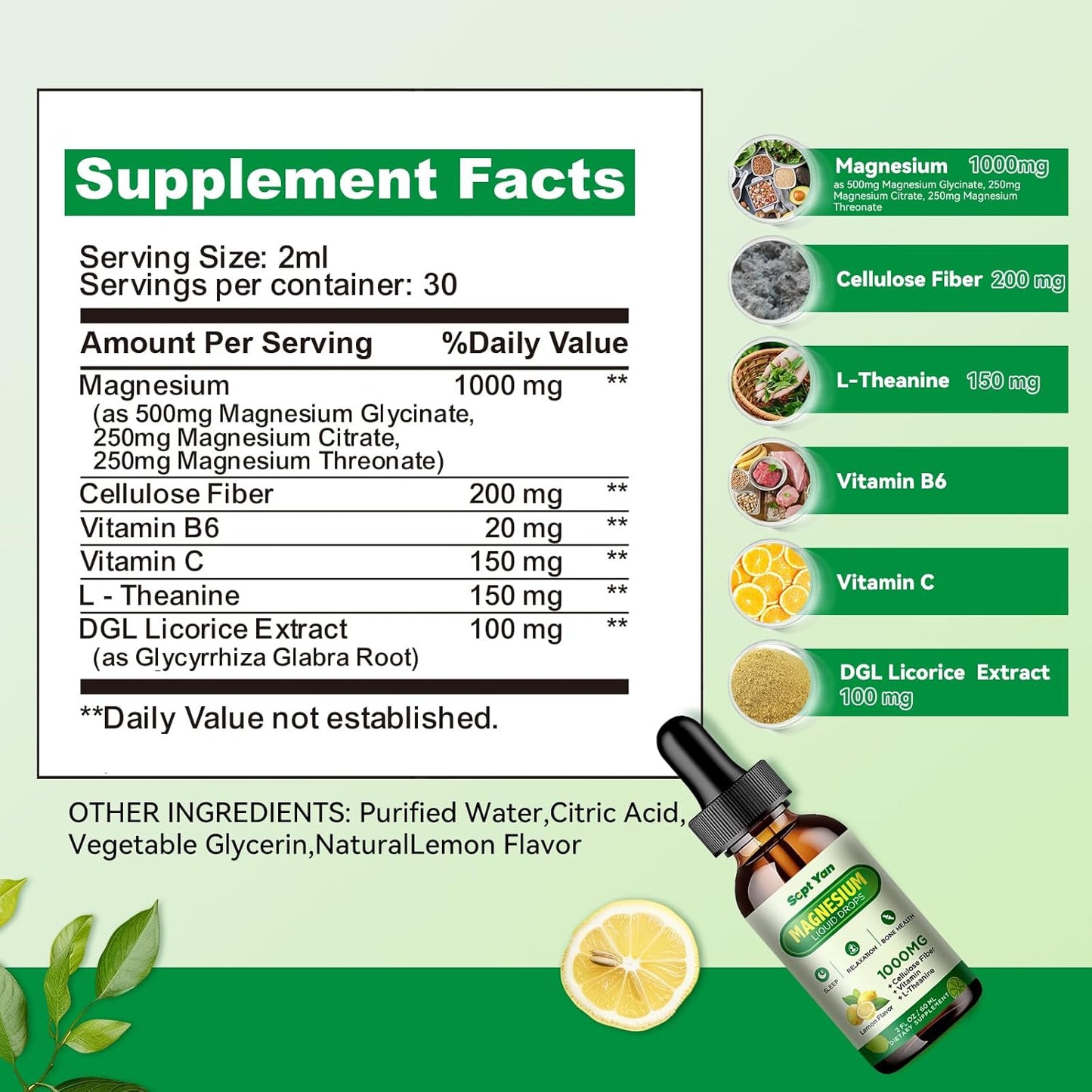 1000mg Magnesium Glycinate Liquid Drops with Fiber, L-Theanine, Vitamin B & C - Lemon Flavor for Sleep, Muscle, Energy & Relaxation