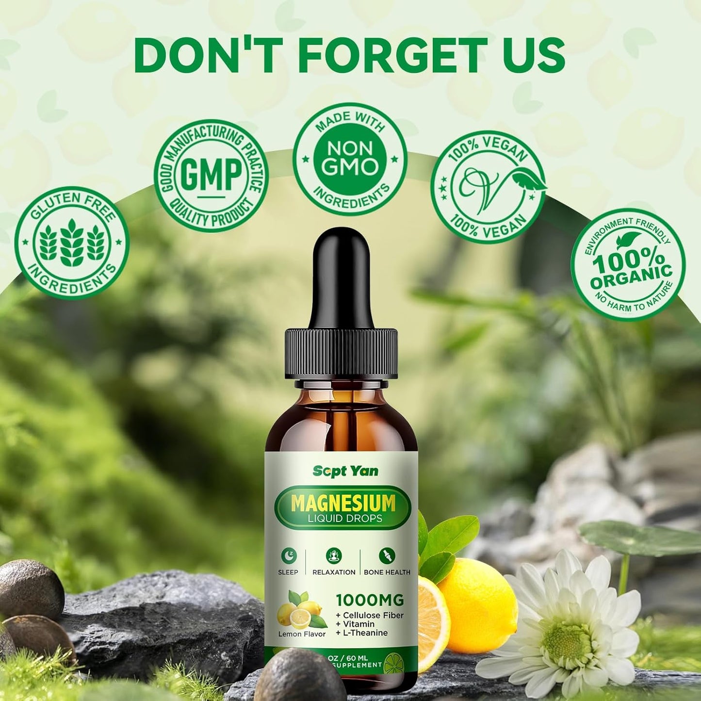 1000mg Magnesium Glycinate Liquid Drops with Fiber, L-Theanine, Vitamin B & C - Lemon Flavor for Sleep, Muscle, Energy & Relaxation