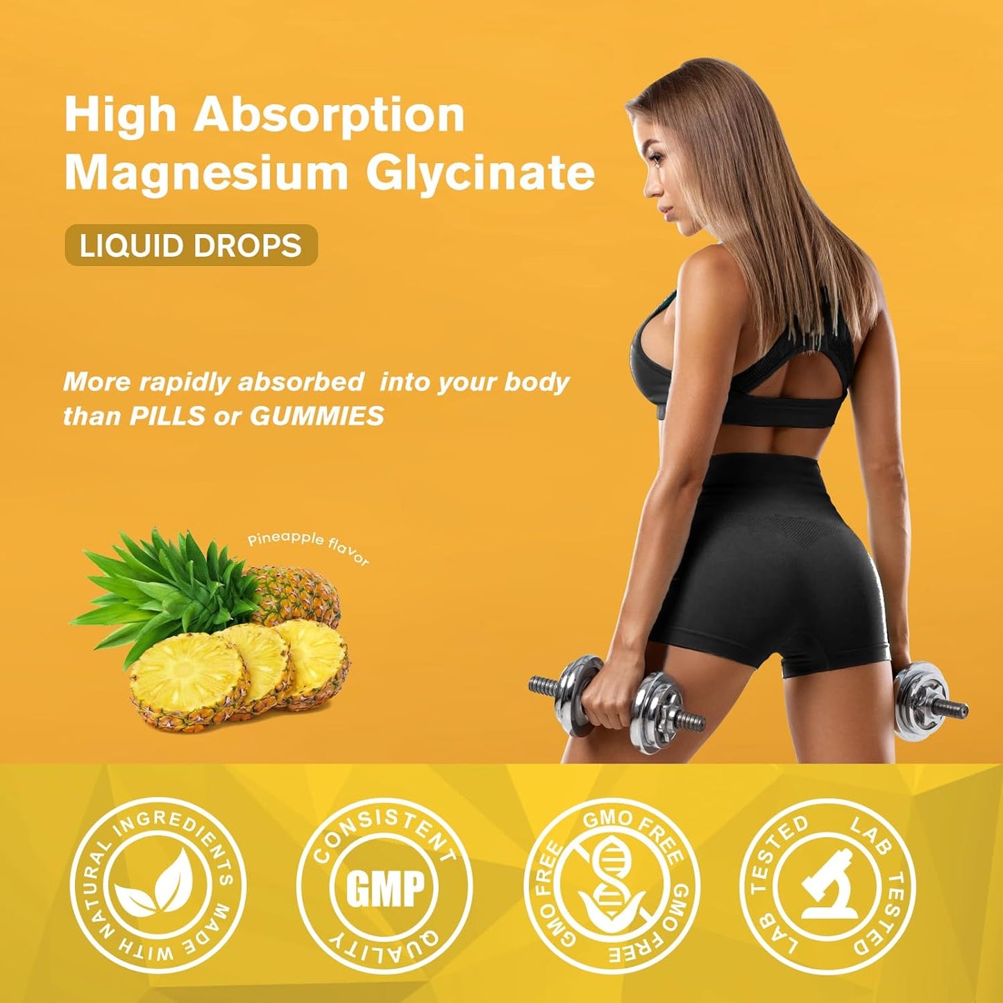 1000mg Magnesium Glycinate Liquid Supplement with Fiber, Bromelain, Vitamins & Zinc, Pineapple Flavor - 3 Pack for Kids & Adults
