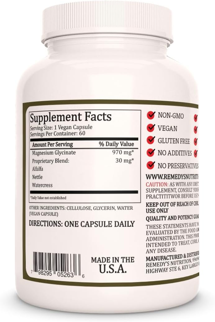 1000mg Magnesium Glycinate with Alfalfa, Watercress & Nettle Leaf - 60 Vegan Capsules - Non-GMO Dietary Supplement