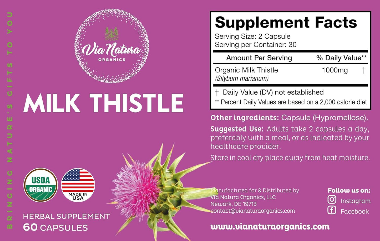 1000mg Milk Thistle Capsules - Organic Herbal Supplement - 60 Capsules by Via Natura Organics
