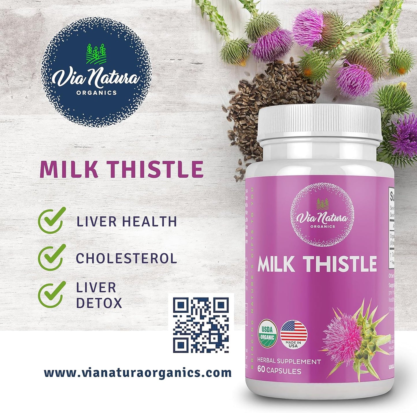 1000mg Milk Thistle Capsules - Organic Herbal Supplement - 60 Capsules by Via Natura Organics