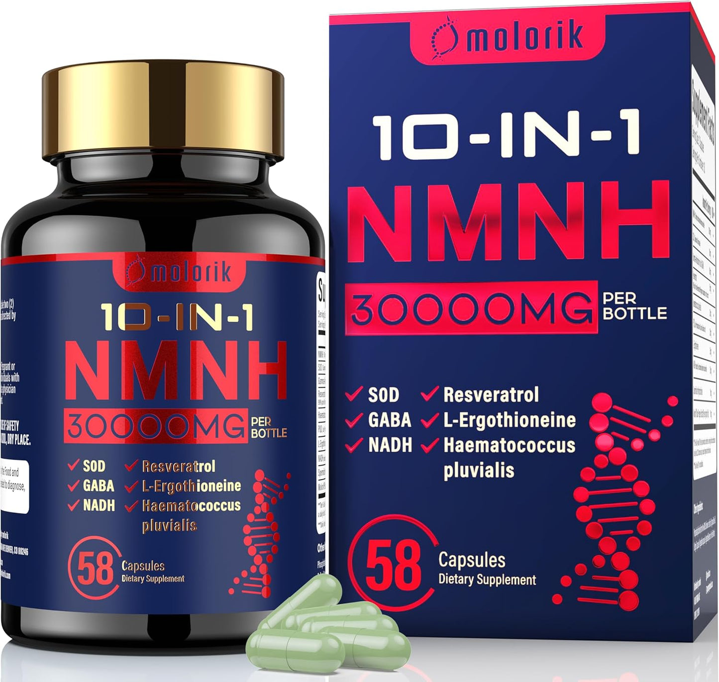 1000mg Molorik NMNH NAD Supplement for Anti-Aging & Energy - 58 Capsules, Gluten Free & Non-GMO - 29 Servings