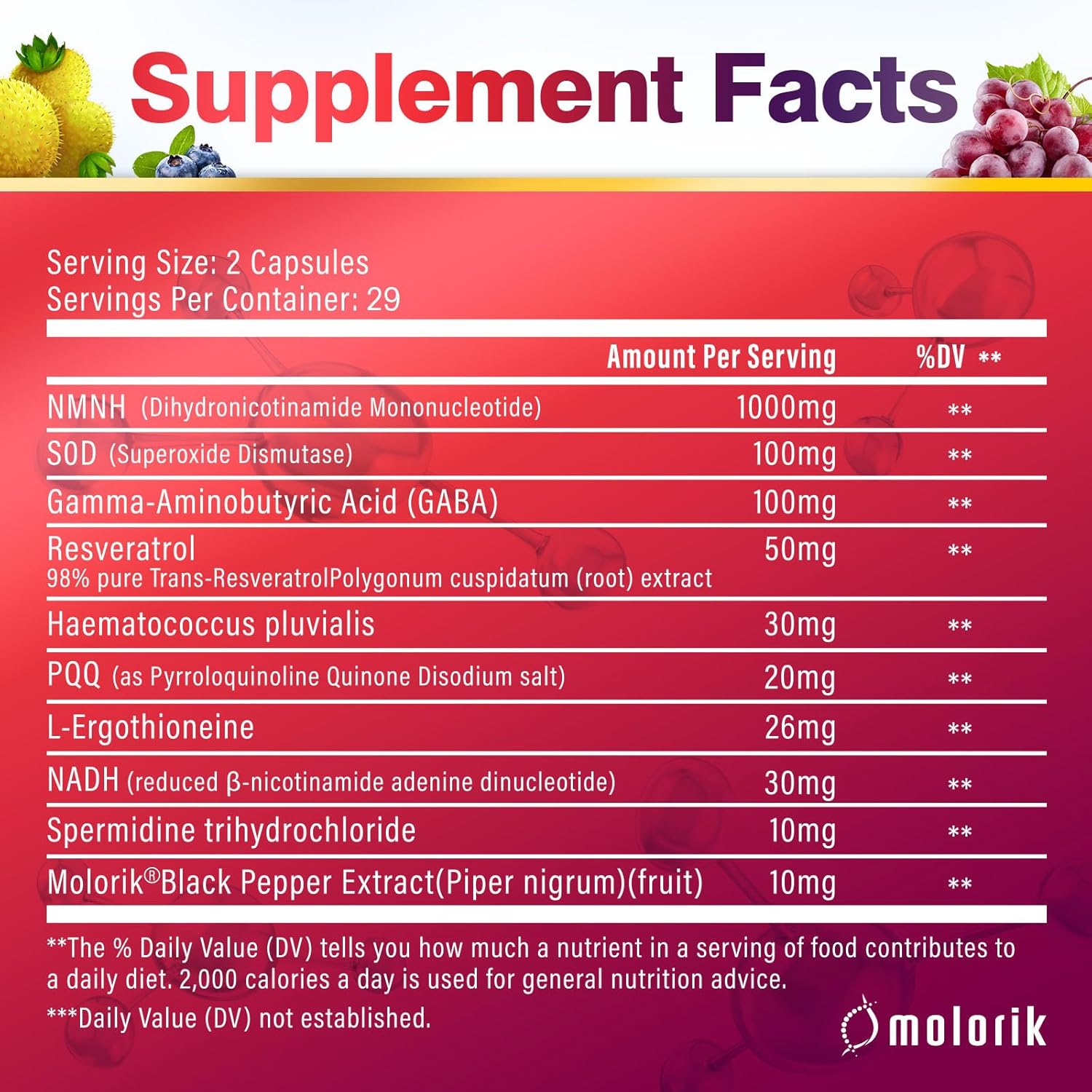 1000mg Molorik NMNH NAD Supplement for Anti-Aging & Energy - 58 Capsules