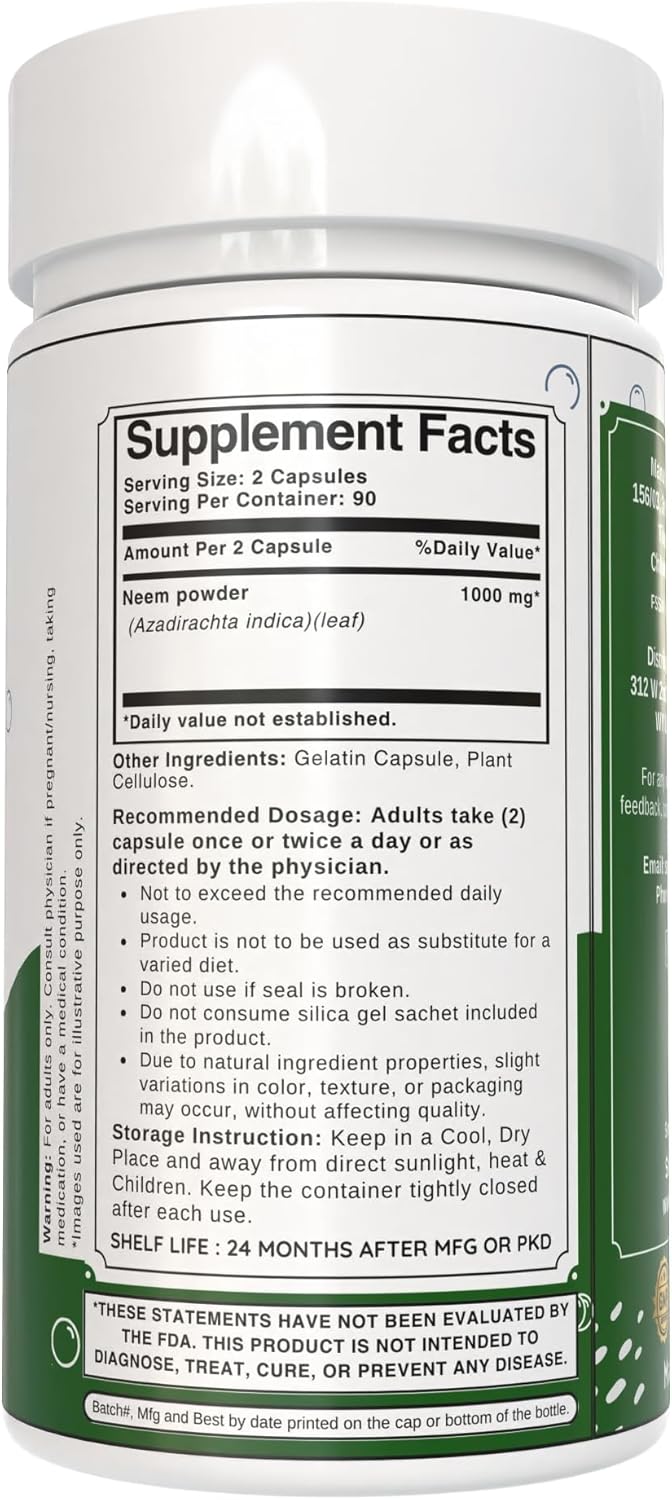 1000mg Neem Leaf Capsules | Pure Azadirachta Indica Powder | Non-GMO, Gluten-Free | 180 Count (Pack of 1)