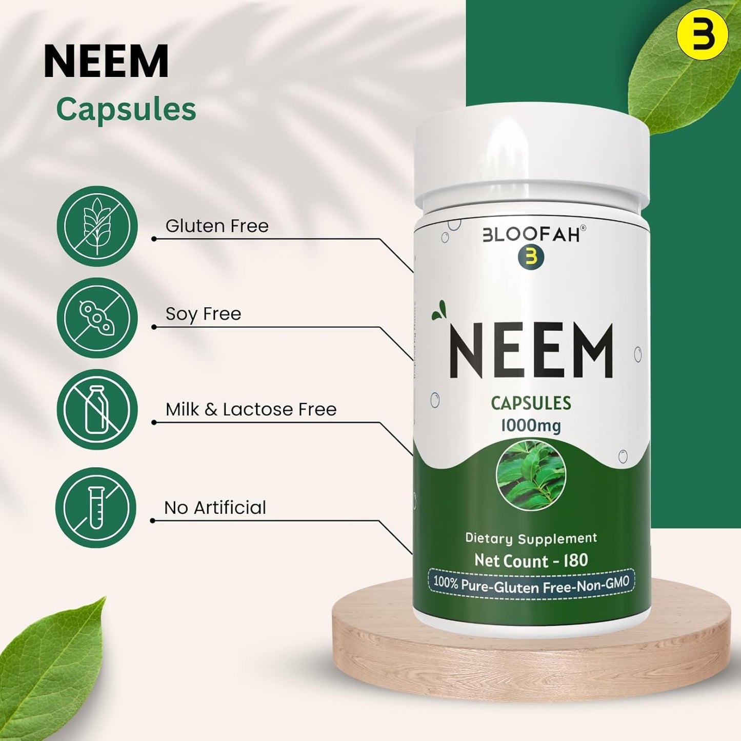 1000mg Neem Leaf Capsules | Pure Azadirachta Indica Powder | Non-GMO, Gluten-Free | 180 Count (Pack of 1)