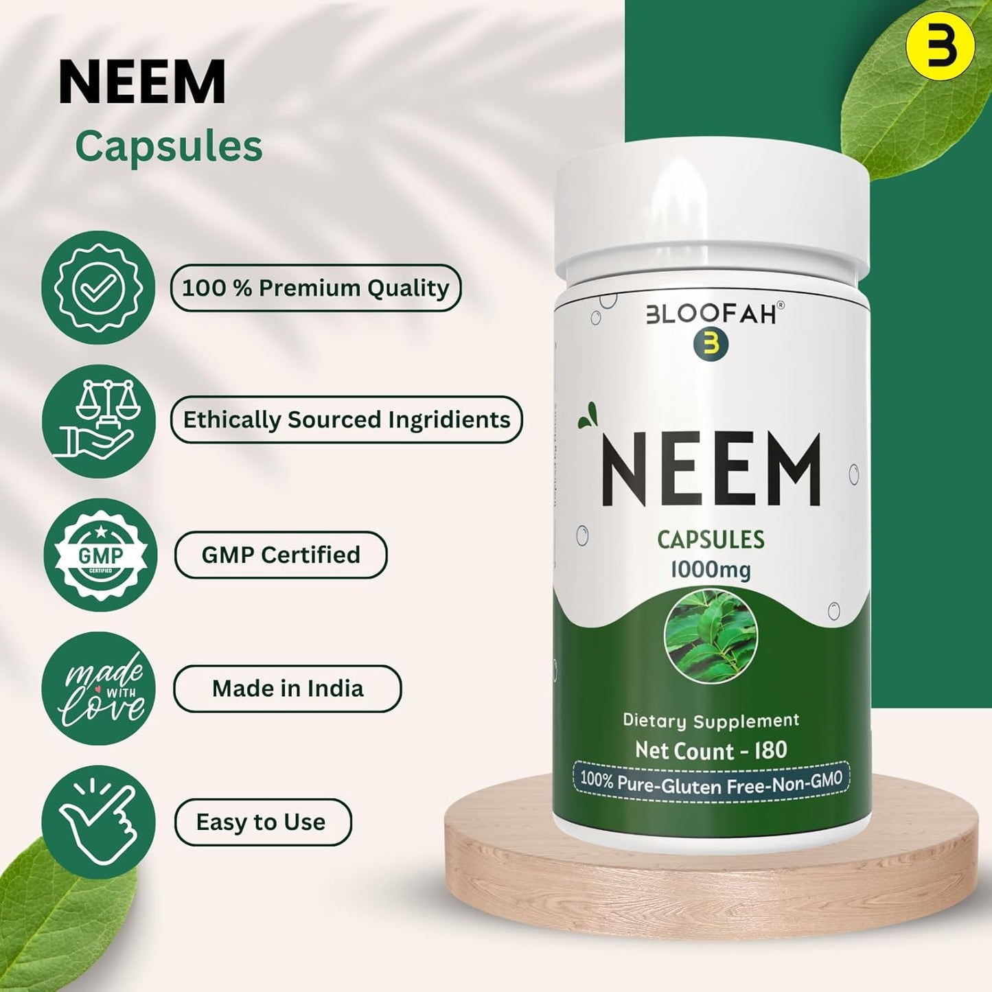 1000mg Neem Leaf Capsules | Pure Azadirachta Indica Powder | Non-GMO, Gluten-Free | 180 Count (Pack of 1)