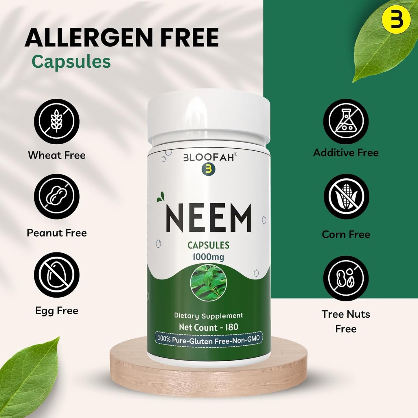 1000mg Neem Leaf Capsules | Pure Azadirachta Indica Powder | Non-GMO, Gluten-Free | 180 Count (Pack of 1)