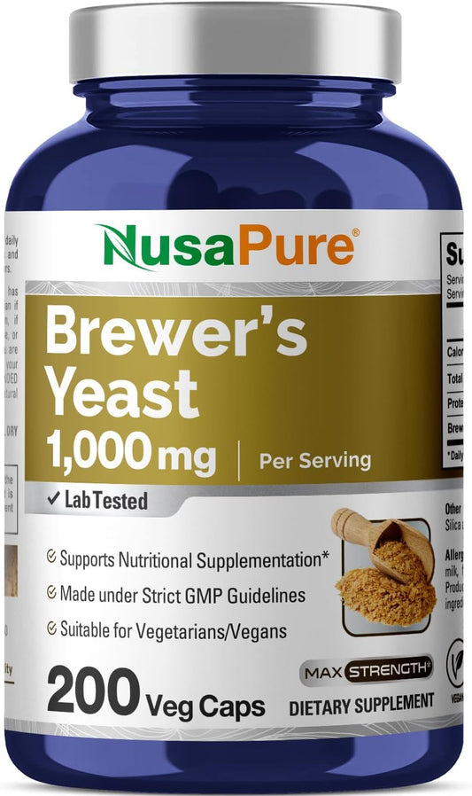 1000mg NusaPure Brewers Yeast Capsules - 200 Vegetarian Capsules (Non-GMO, Vegan)