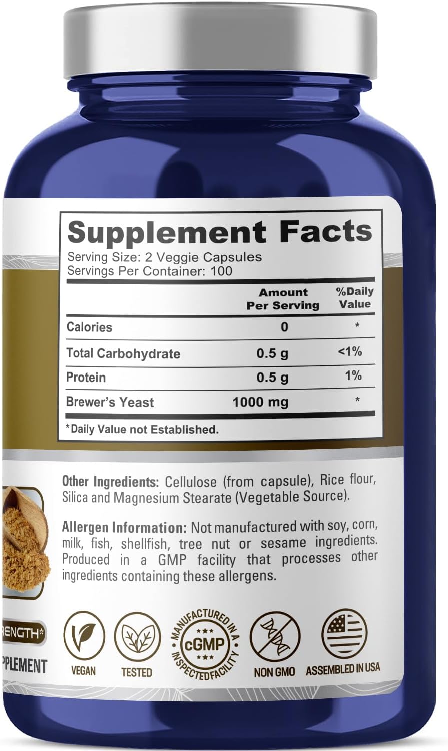 1000mg NusaPure Brewers Yeast Capsules - 200 Vegetarian Capsules (Non-GMO, Vegan)