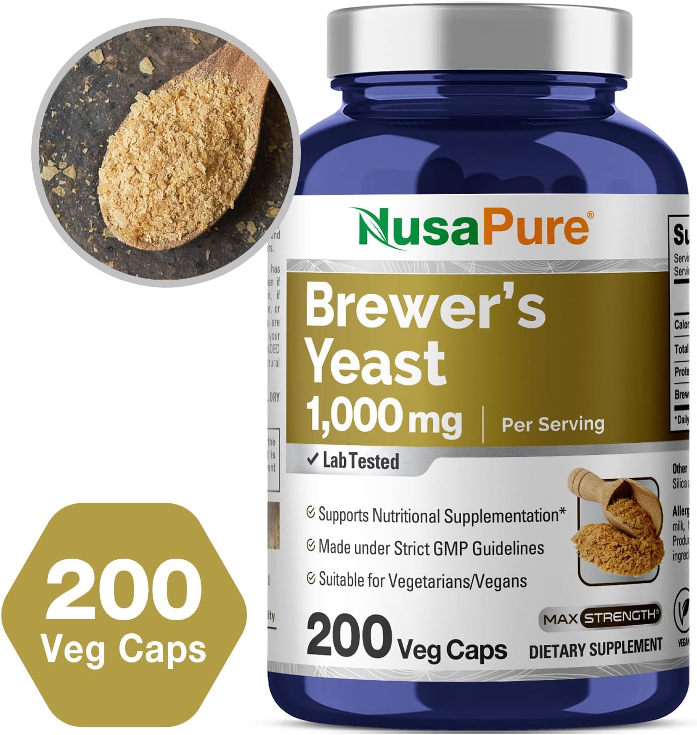 1000mg NusaPure Brewers Yeast Capsules - 200 Vegetarian Capsules (Non-GMO, Vegan)