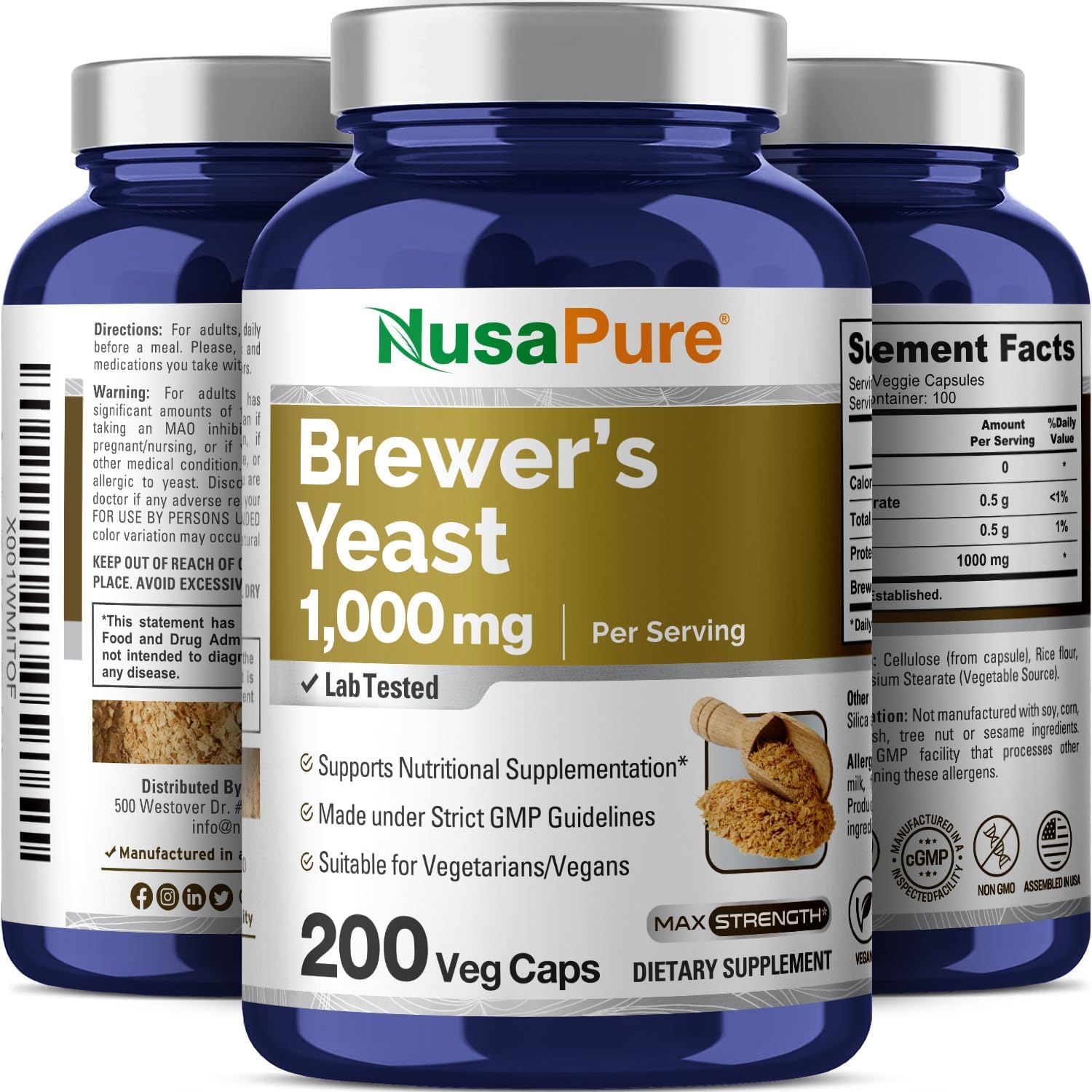 1000mg NusaPure Brewers Yeast Capsules - 200 Vegetarian Capsules (Non-GMO, Vegan)