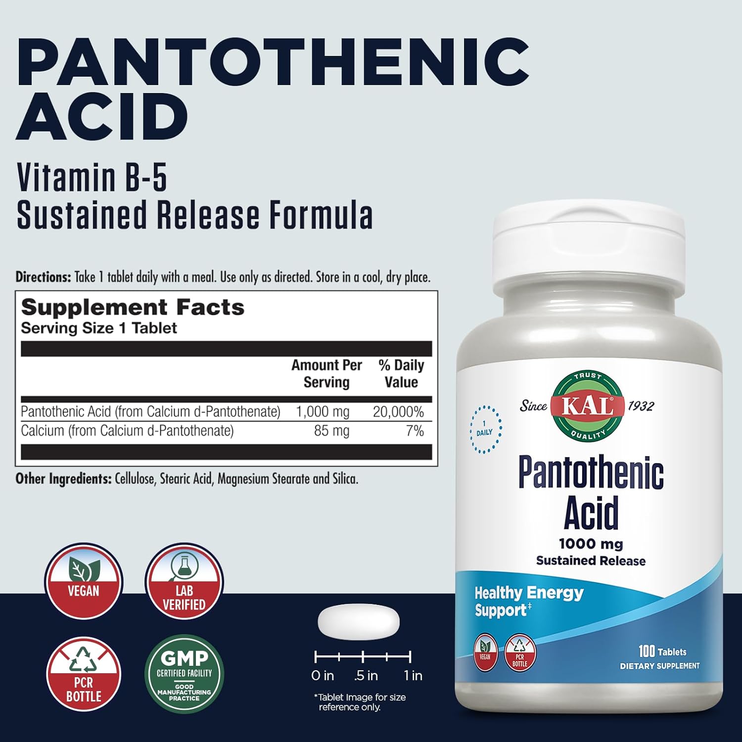 1000mg Pantothenic Acid Vitamin B5 Supplement - Sustained Release Energy Support for Metabolism, Hair, Skin - Vegan - 100 Tablets, 100 Servings, 60-Day Guarantee