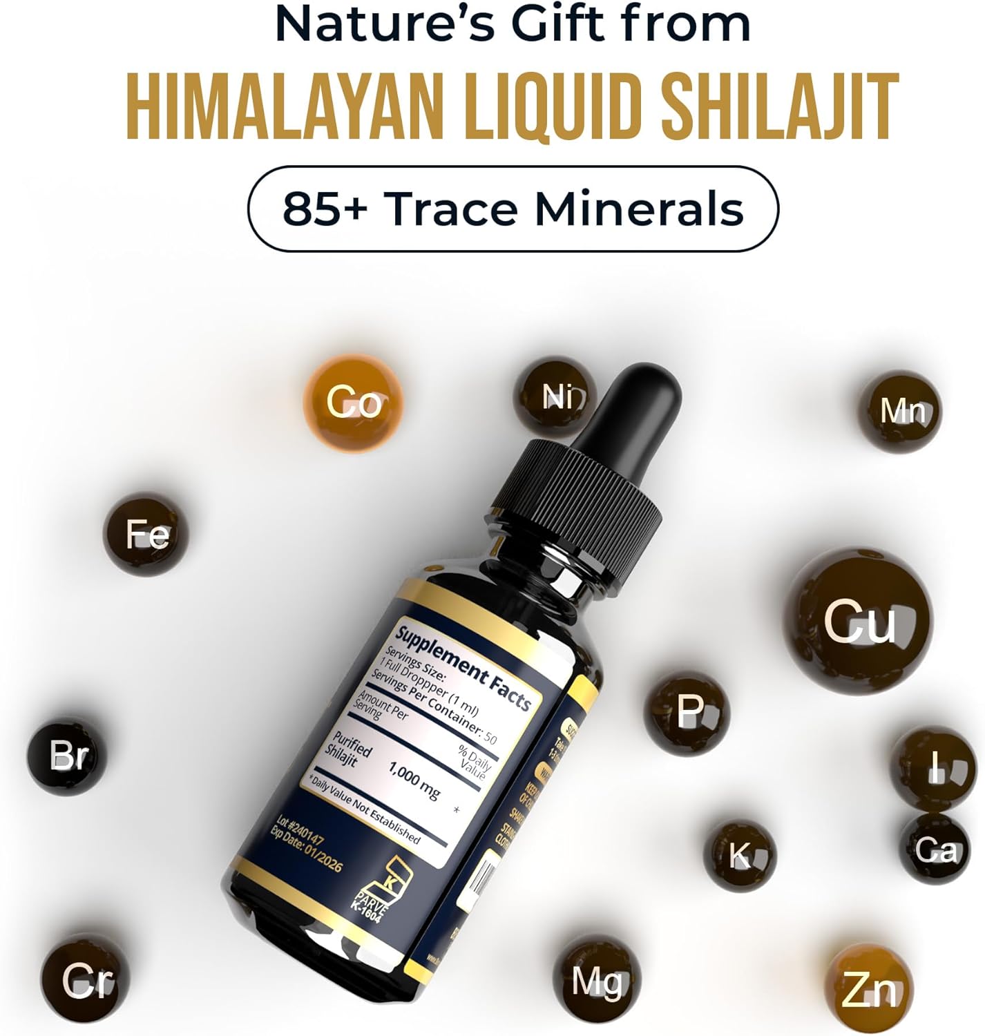 1000mg Pure Himalayan Shilajit Liquid Drops with 85+ Trace Minerals & 40% Fulvic Acid for Energy, Detox, Strength, Immunity - 50 Day Supply