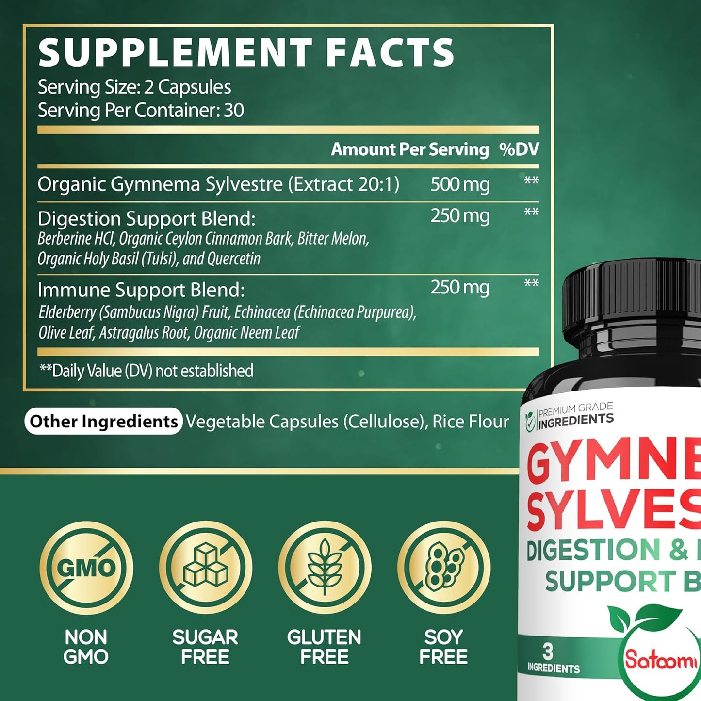1000mg Satoomi Extract 20:1 Gymnema Sylvestre Supplements with Berberine HCl, Ceylon Cinnamon, Elderberry - Immune System & Circulatory Health Support - 60 Capsules